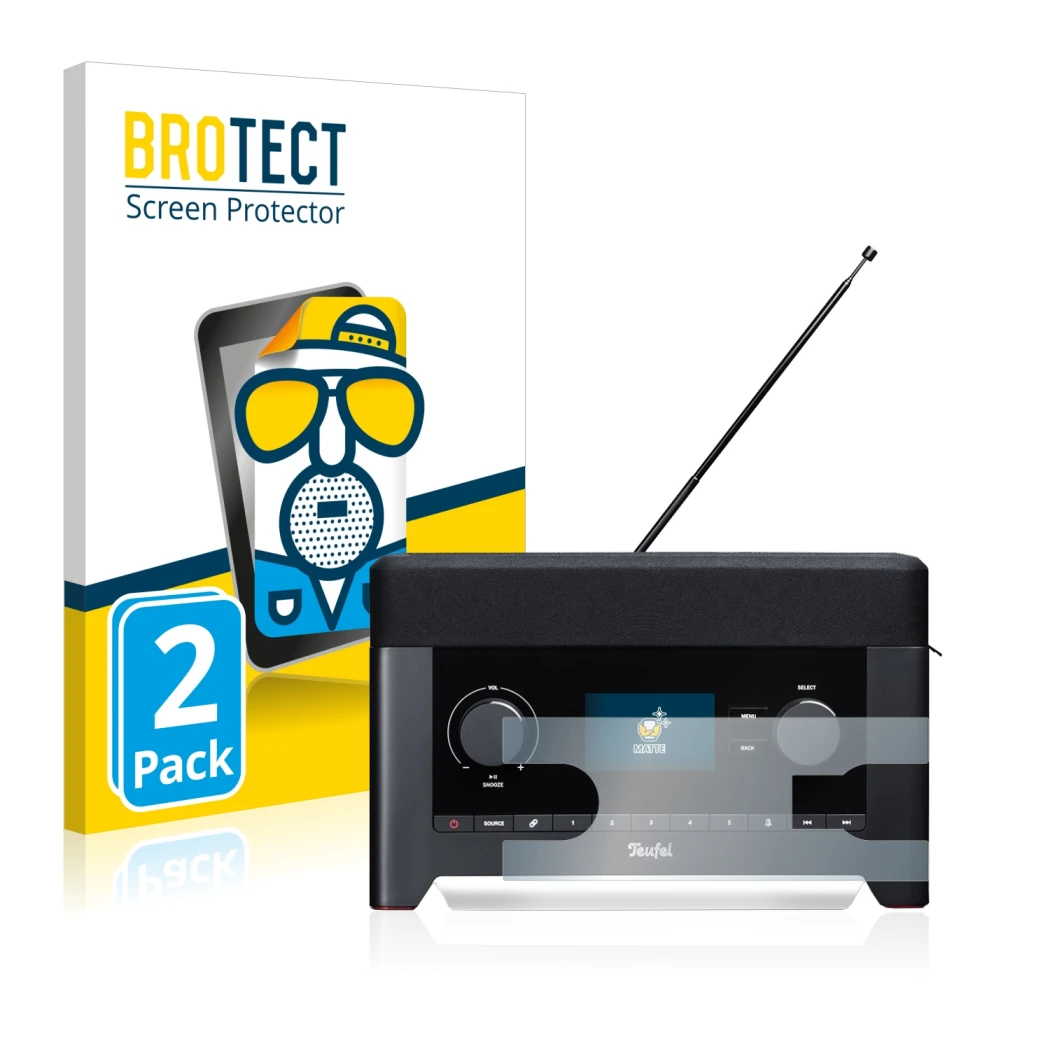 Front side of a product packaging with the brand logo BROTECT. Next to it is the device Teufel Radio 3sixty shown with the cor