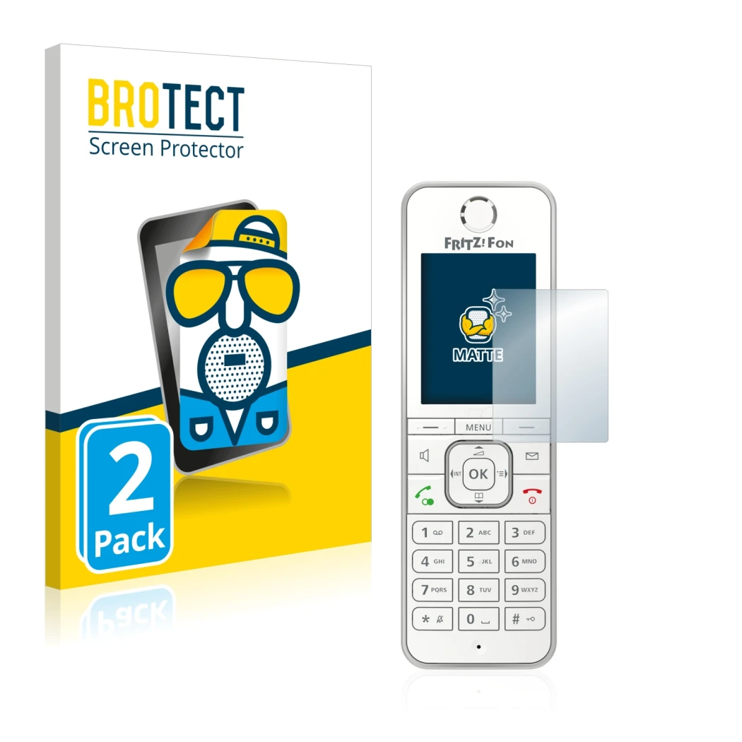 Front side of a product packaging with the brand logo BROTECT. Next to it is the device AVM Fritz!Fon C6 shown with the corres