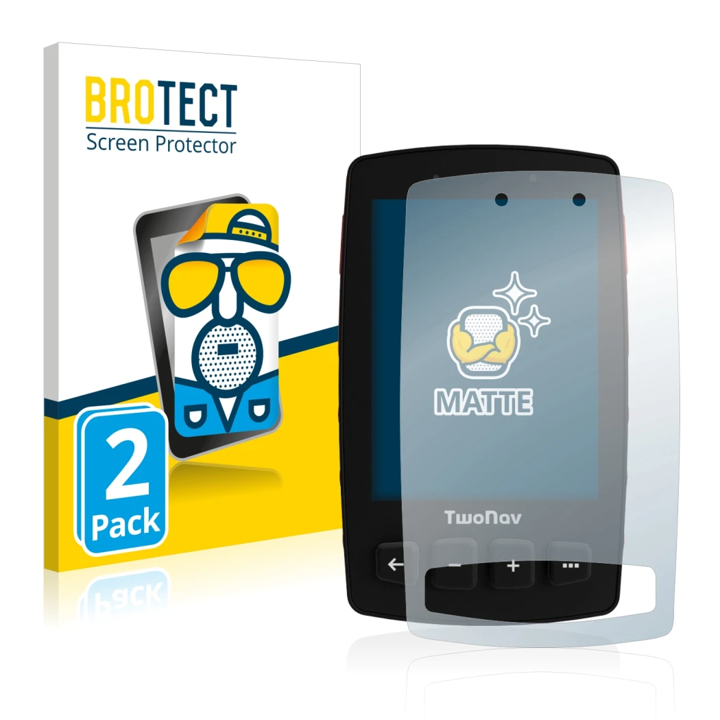Front side of a product packaging with the brand logo BROTECT. Next to it is the device TwoNav Trail 2 shown with the correspo