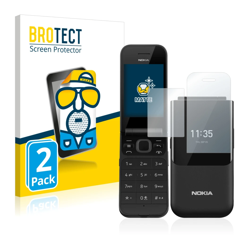 Front side of a product packaging with the brand logo BROTECT. Next to it is the device Nokia 2720 Flip shown with the corresp