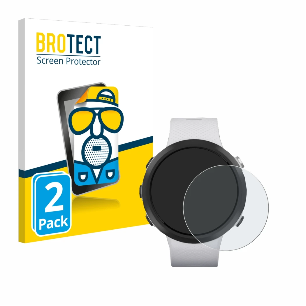 Front side of a product packaging with the brand logo BROTECT. Next to it is the device Garmin Swim 2 shown with the correspon