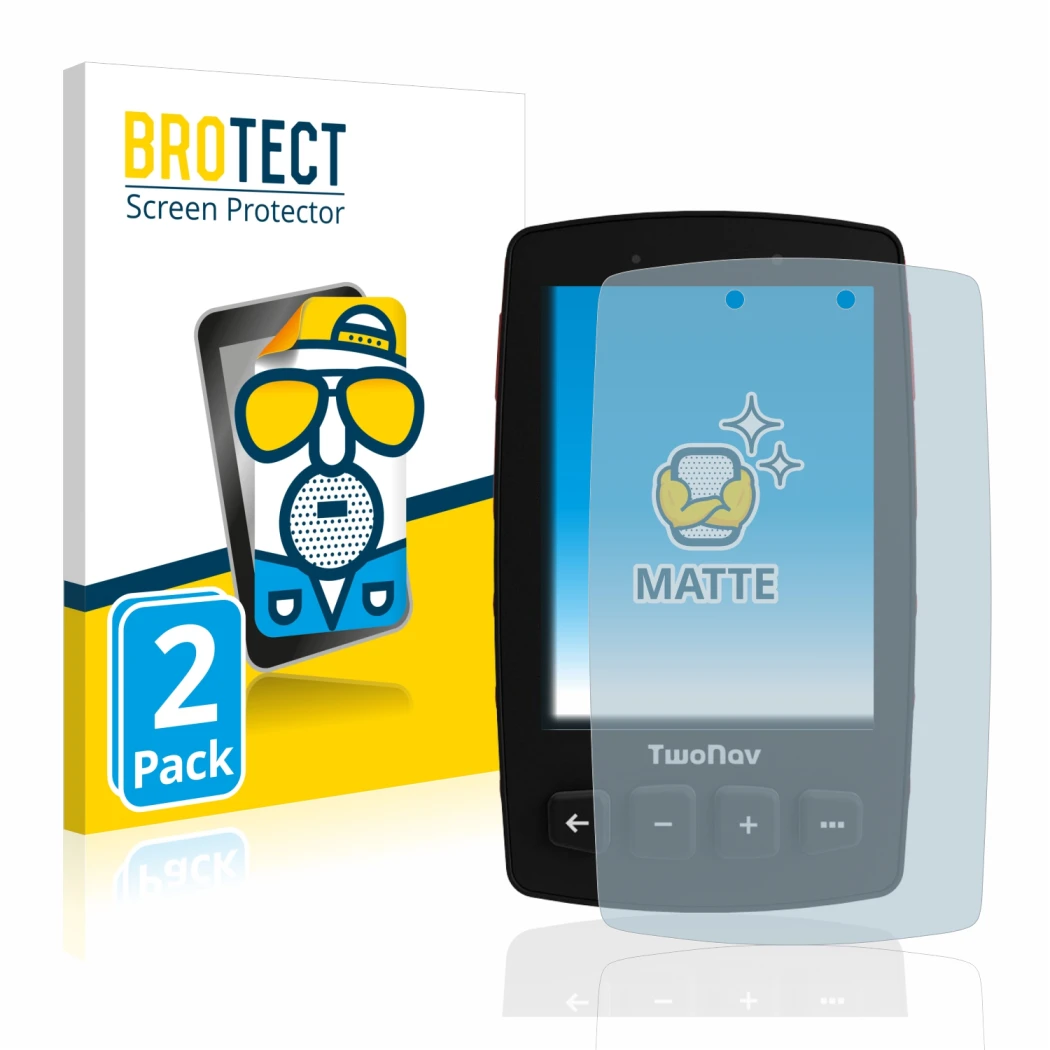 Front side of a product packaging with the brand logo BROTECT. Next to it is the device TwoNav Trail 2 Bike shown with the cor