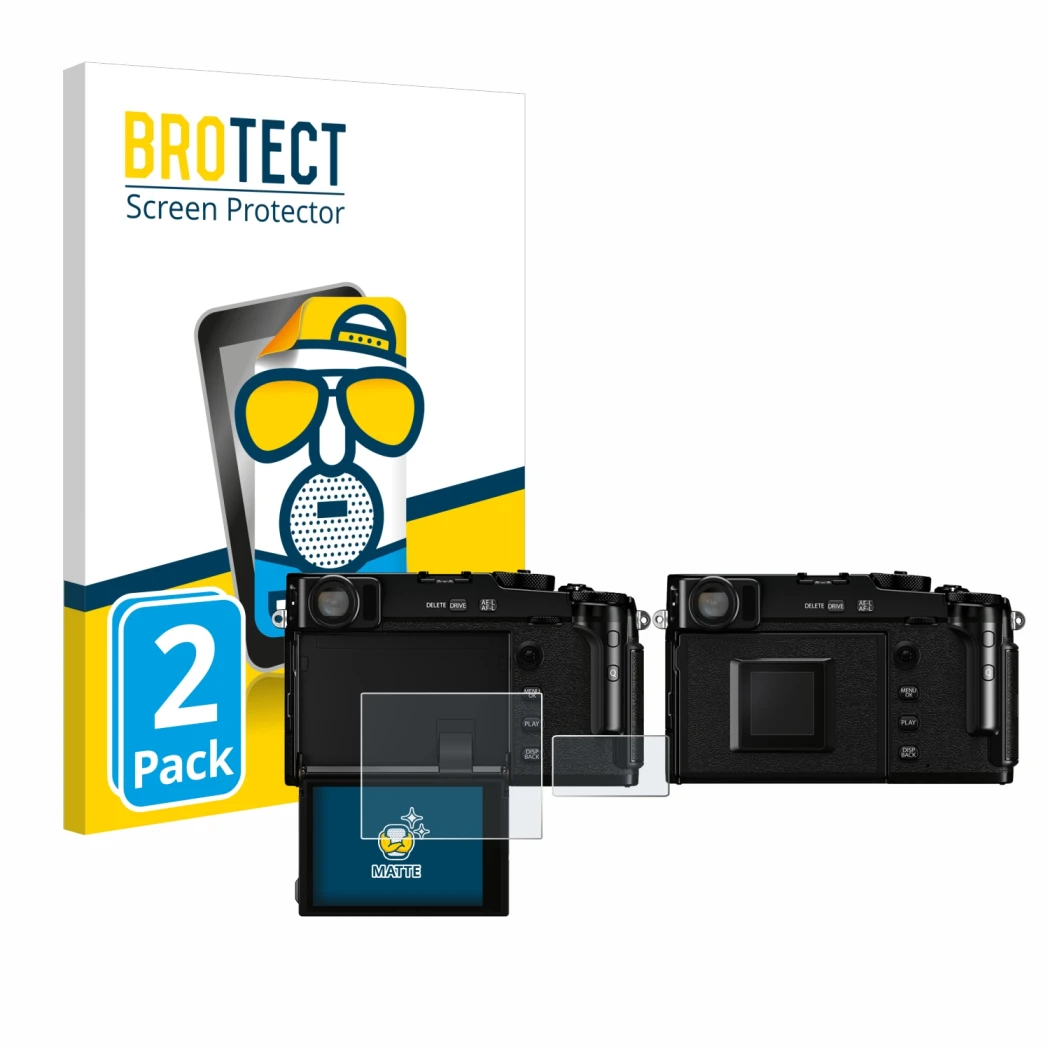 Front side of a product packaging with the brand logo BROTECT. Next to it is the device Fujifilm X-Pro3 shown with the corresp