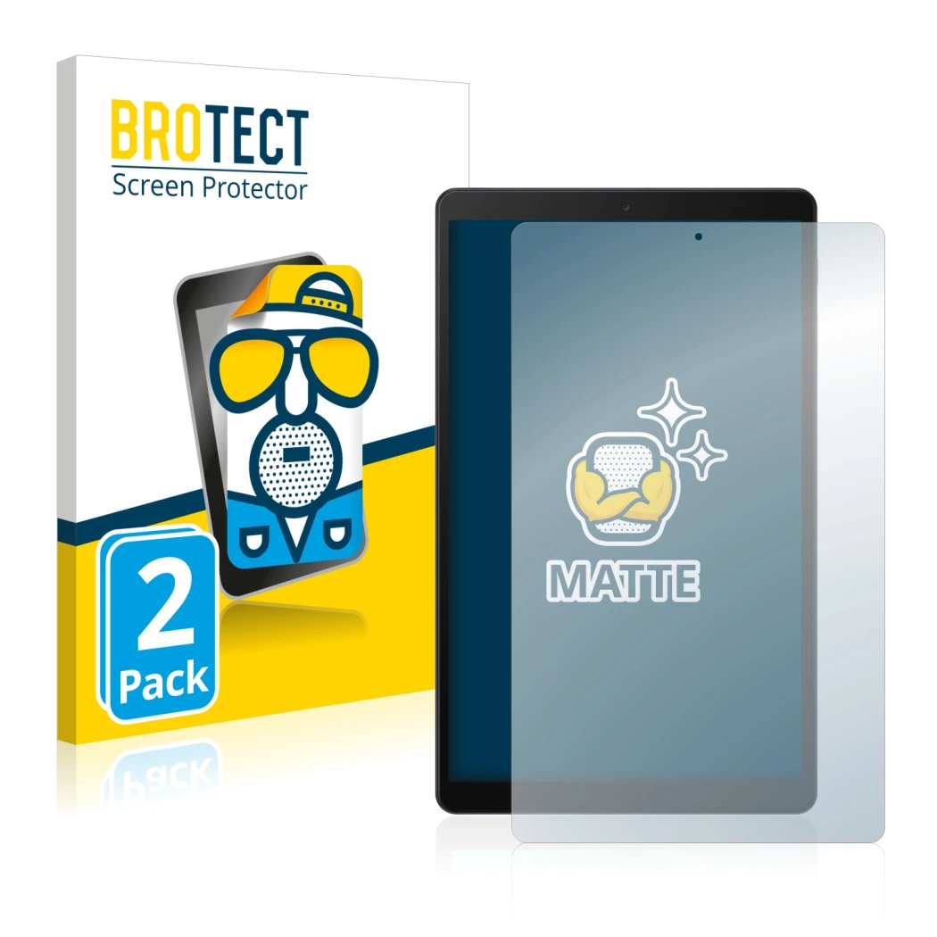 Front side of a product packaging with the brand logo BROTECT. Next to it is the device Samsung Galaxy Tab A 10.1 LTE 2019 sho