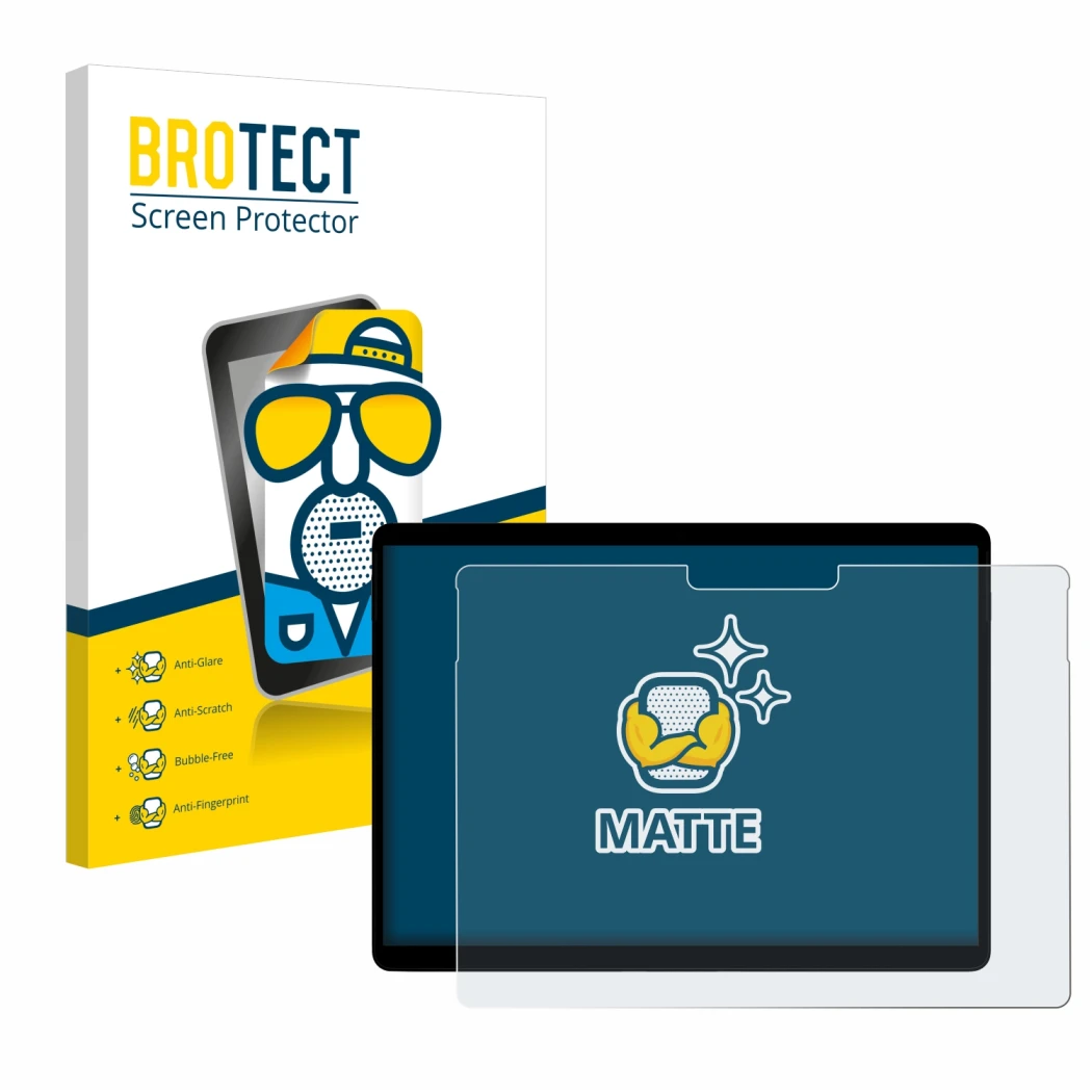 Front side of a product packaging with the brand logo BROTECT. Next to it is the device Microsoft Surface Pro X shown with the