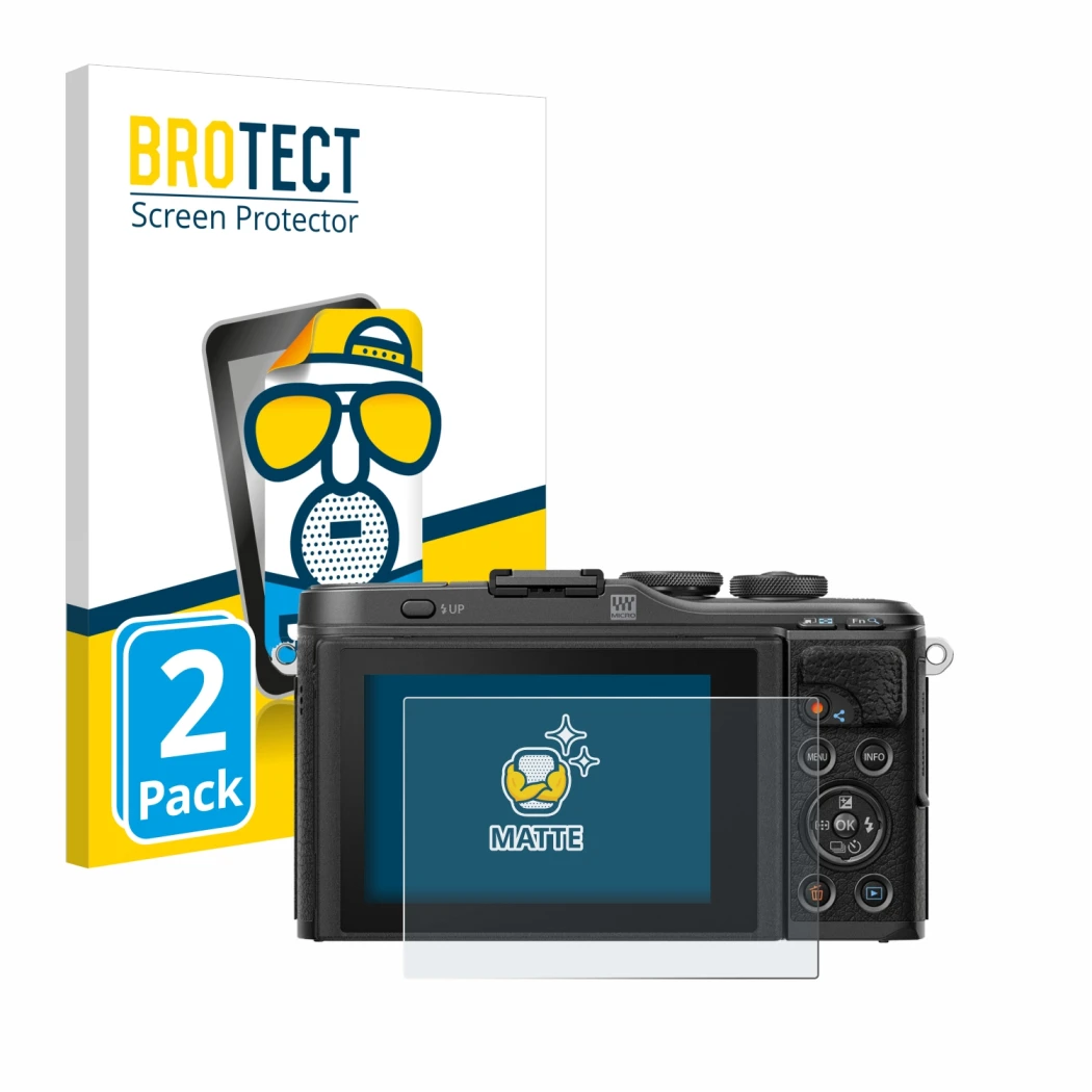 Front side of a product packaging with the brand logo BROTECT. Next to it is the device Olympus PEN E-PL10 shown with the corr