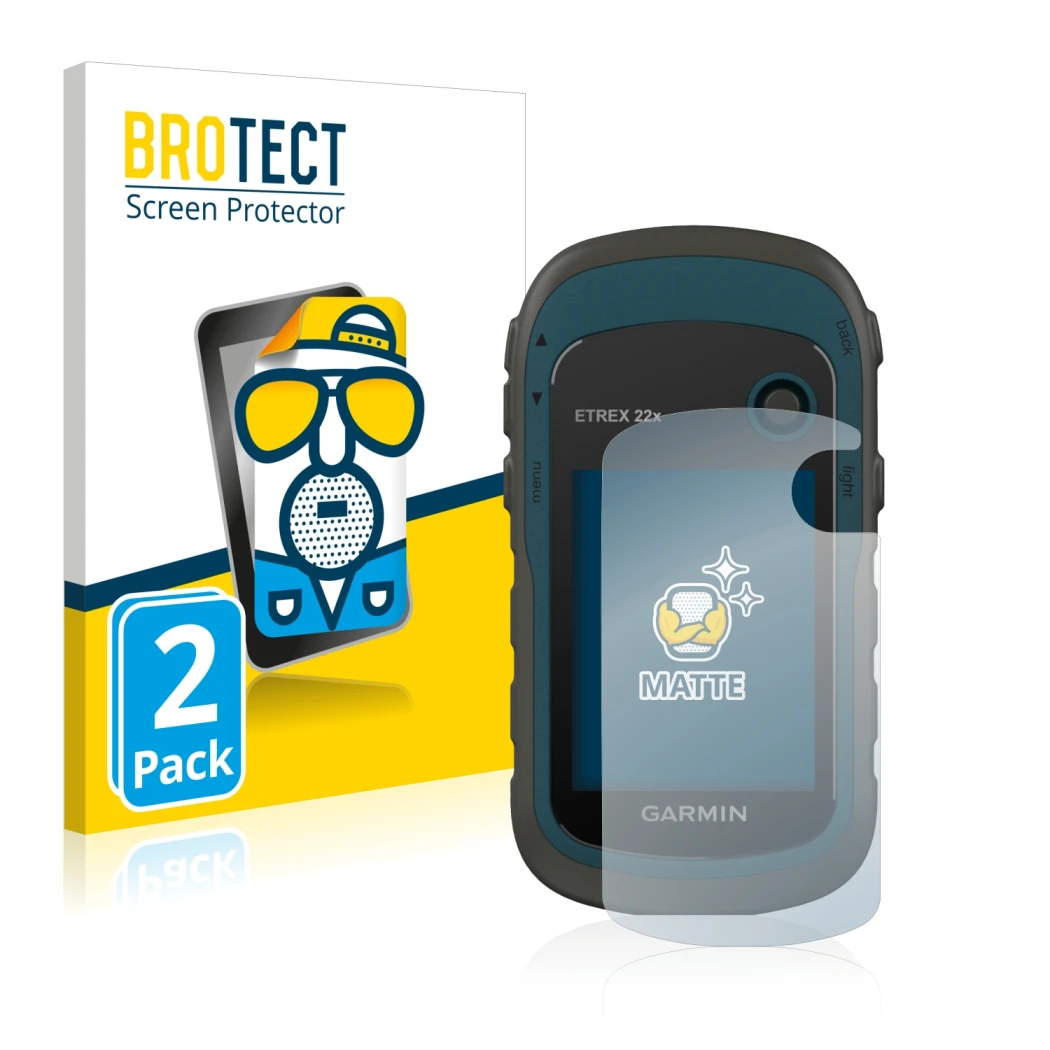 Front side of a product packaging with the brand logo BROTECT. Next to it is the device Garmin eTrex 22x shown with the corres