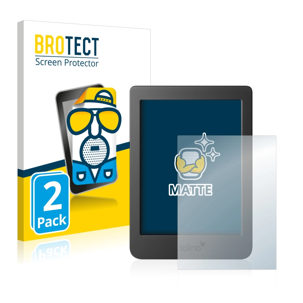 Front side of a product packaging with the brand logo BROTECT. Next to it is the device Tolino Page 2 shown with the correspon