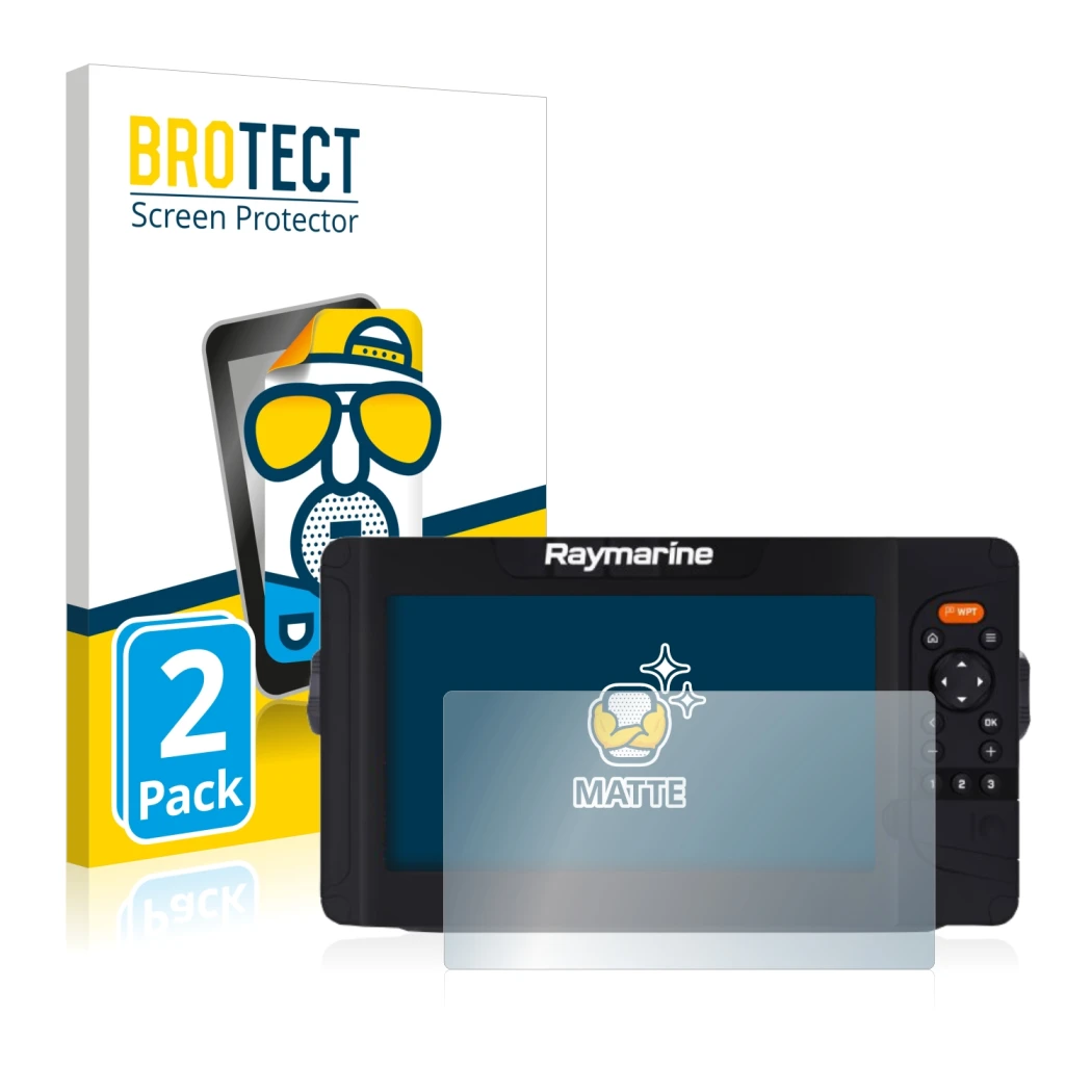 Front side of a product packaging with the brand logo BROTECT. Next to it is the device Raymarine Element 9 HV shown with the