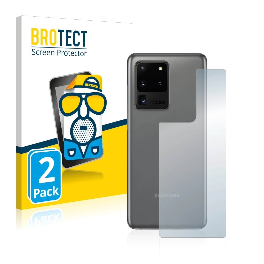 Front side of a product packaging with the brand logo BROTECT. Next to it is the device Samsung Galaxy S20 Ultra (Back) shown