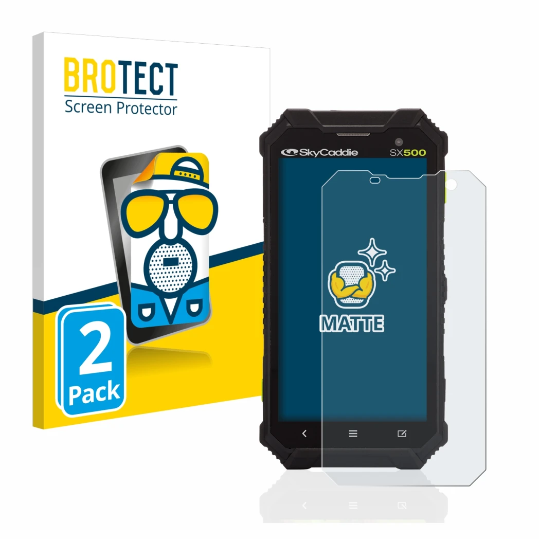 Front side of a product packaging with the brand logo BROTECT. Next to it is the device SkyCaddie SX500 shown with the corresp