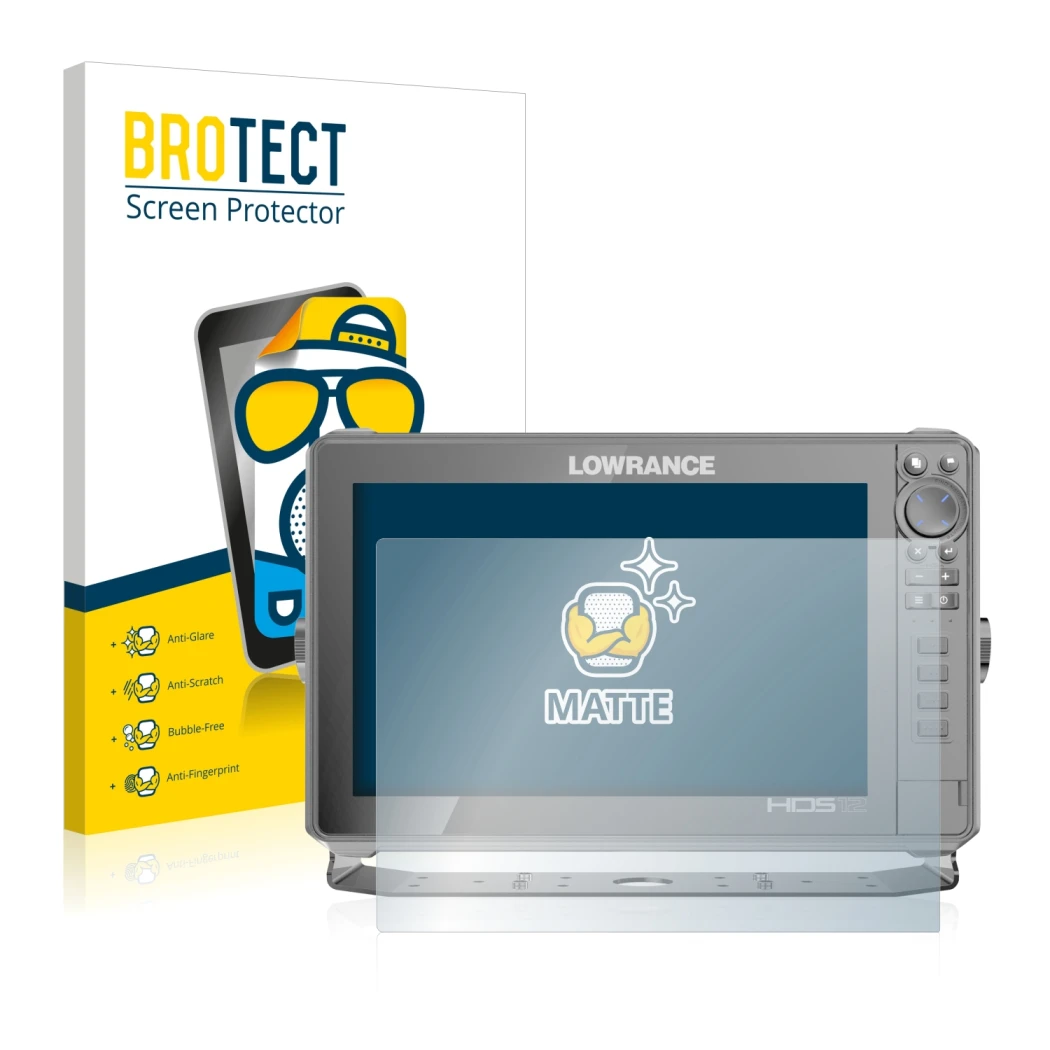 Front side of a product packaging with the brand logo BROTECT. Next to it is the device Lowrance HDS Live 12