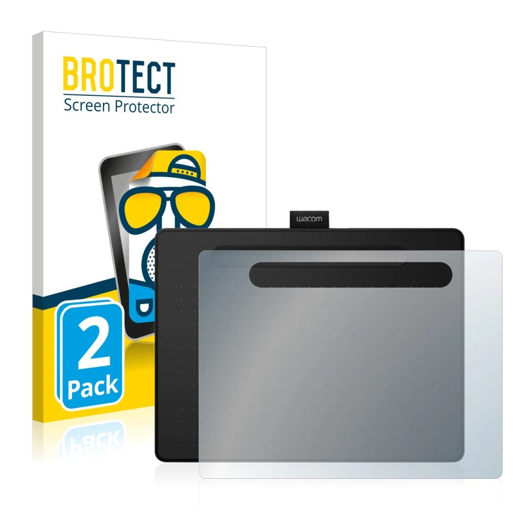 Front side of a product packaging with the brand logo BROTECT. Next to it is the device Wacom Intuos M shown with the correspo