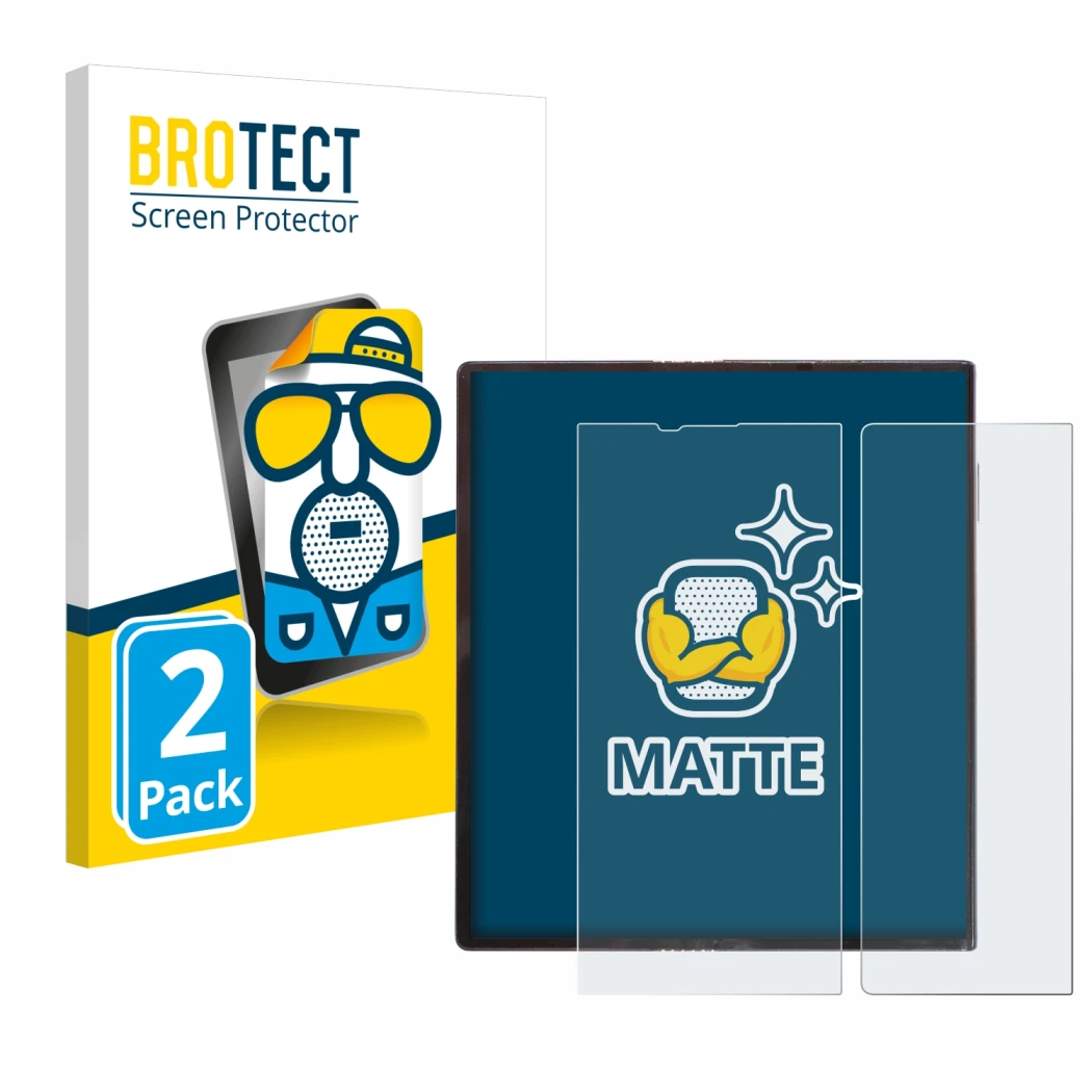 Front side of a product packaging with the brand logo BROTECT. Next to it is the device Huawei Mate Xs shown with the correspo
