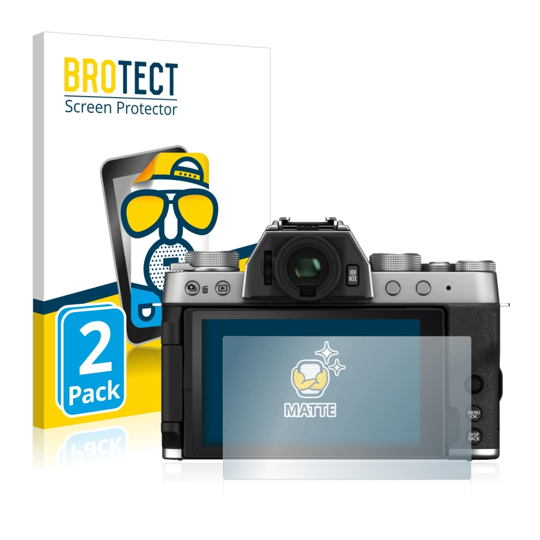 Front side of a product packaging with the brand logo BROTECT. Next to it is the device Fujifilm X-T200 shown with the corresp