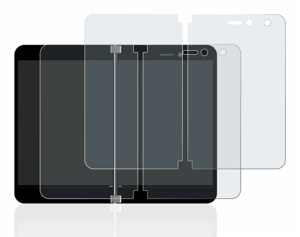 Image of the device Microsoft Surface Duo with a wide variety of screen protectors.