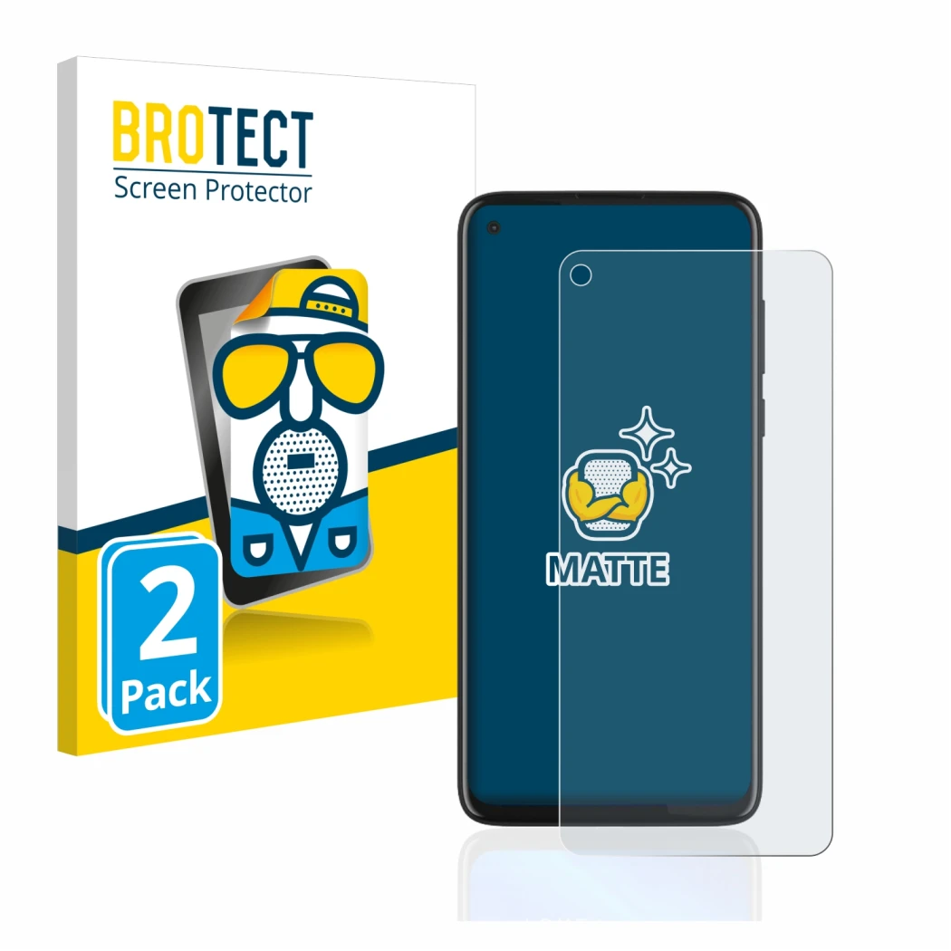 Front side of a product packaging with the brand logo BROTECT. Next to it is the device Motorola Moto G8 Power shown with the
