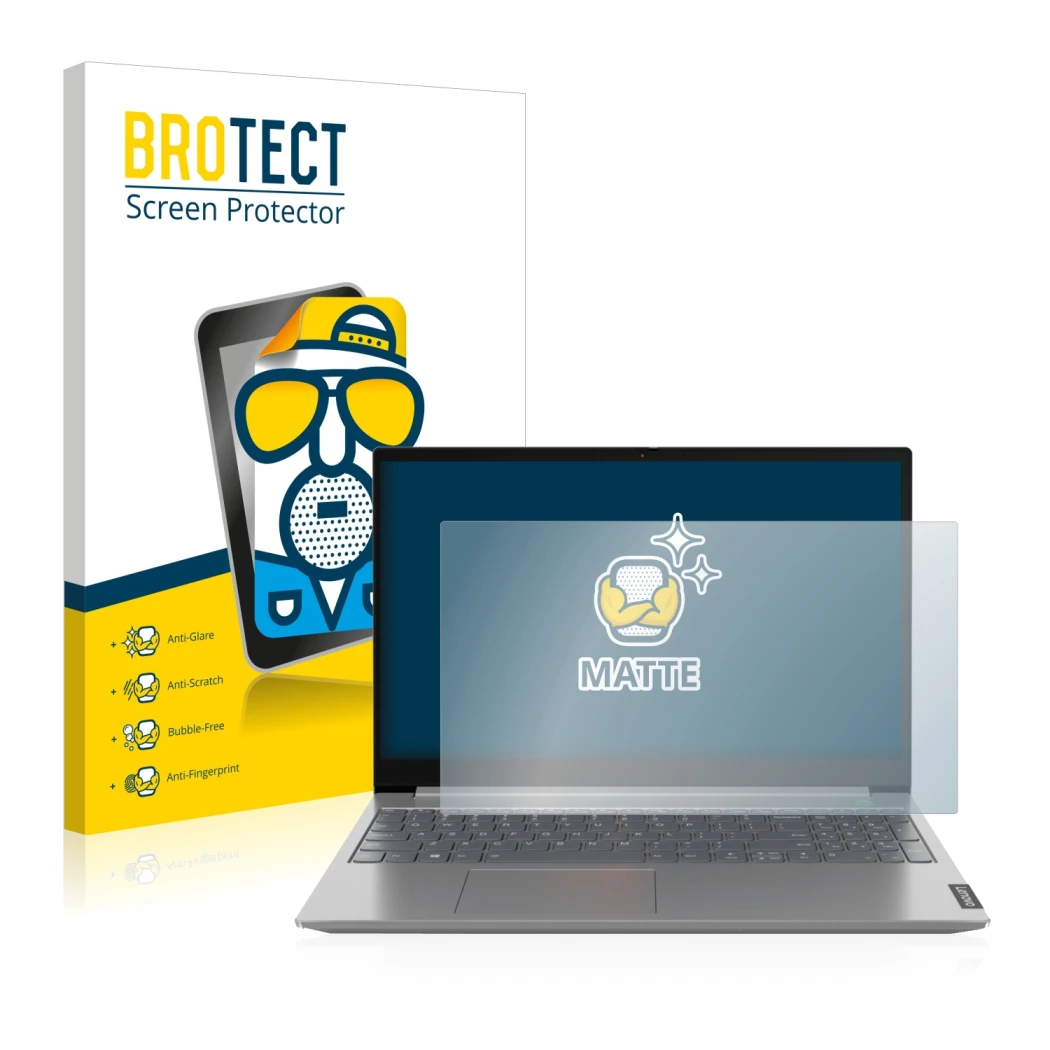 Front side of a product packaging with the brand logo BROTECT. Next to it is the device Lenovo ThinkBook 14