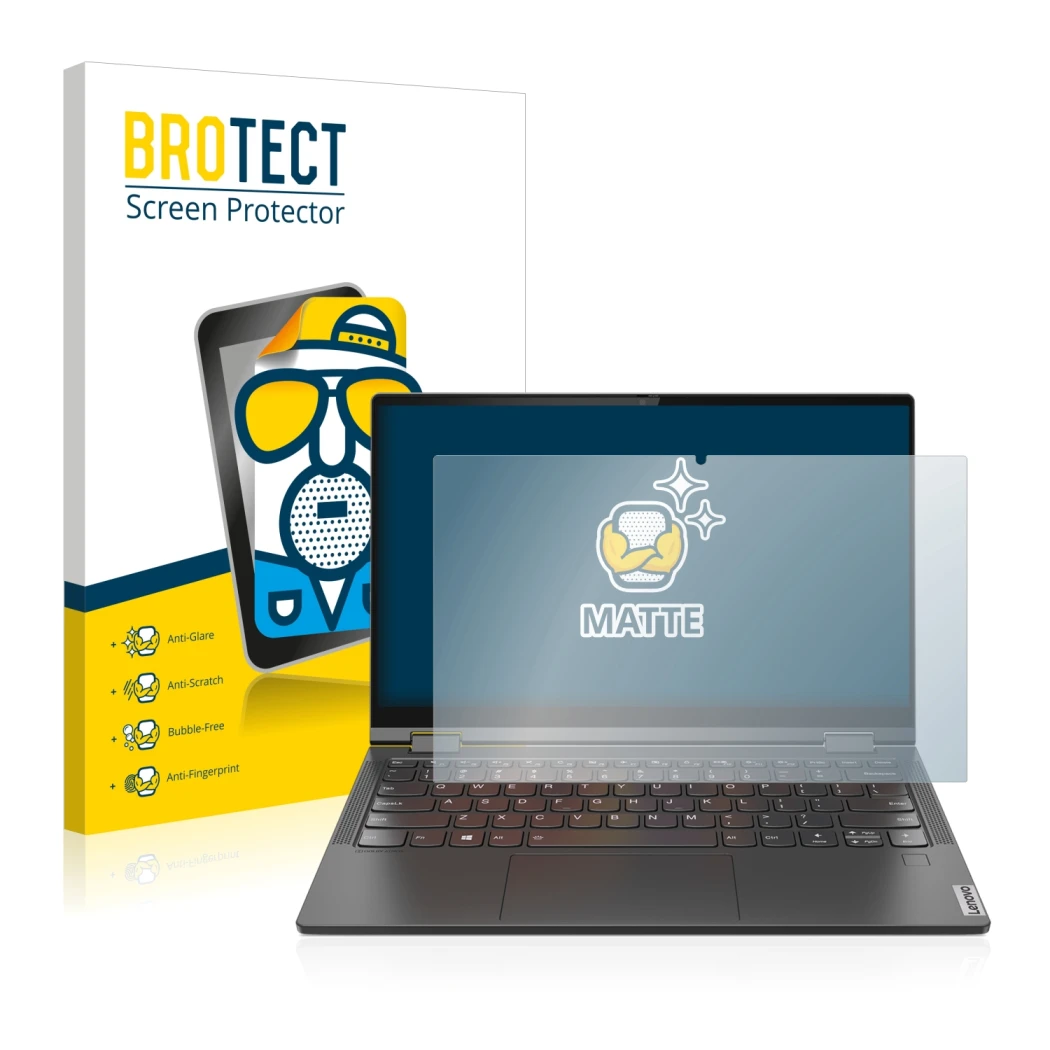 Front side of a product packaging with the brand logo BROTECT. Next to it is the device Lenovo Yoga C640 shown with the corres