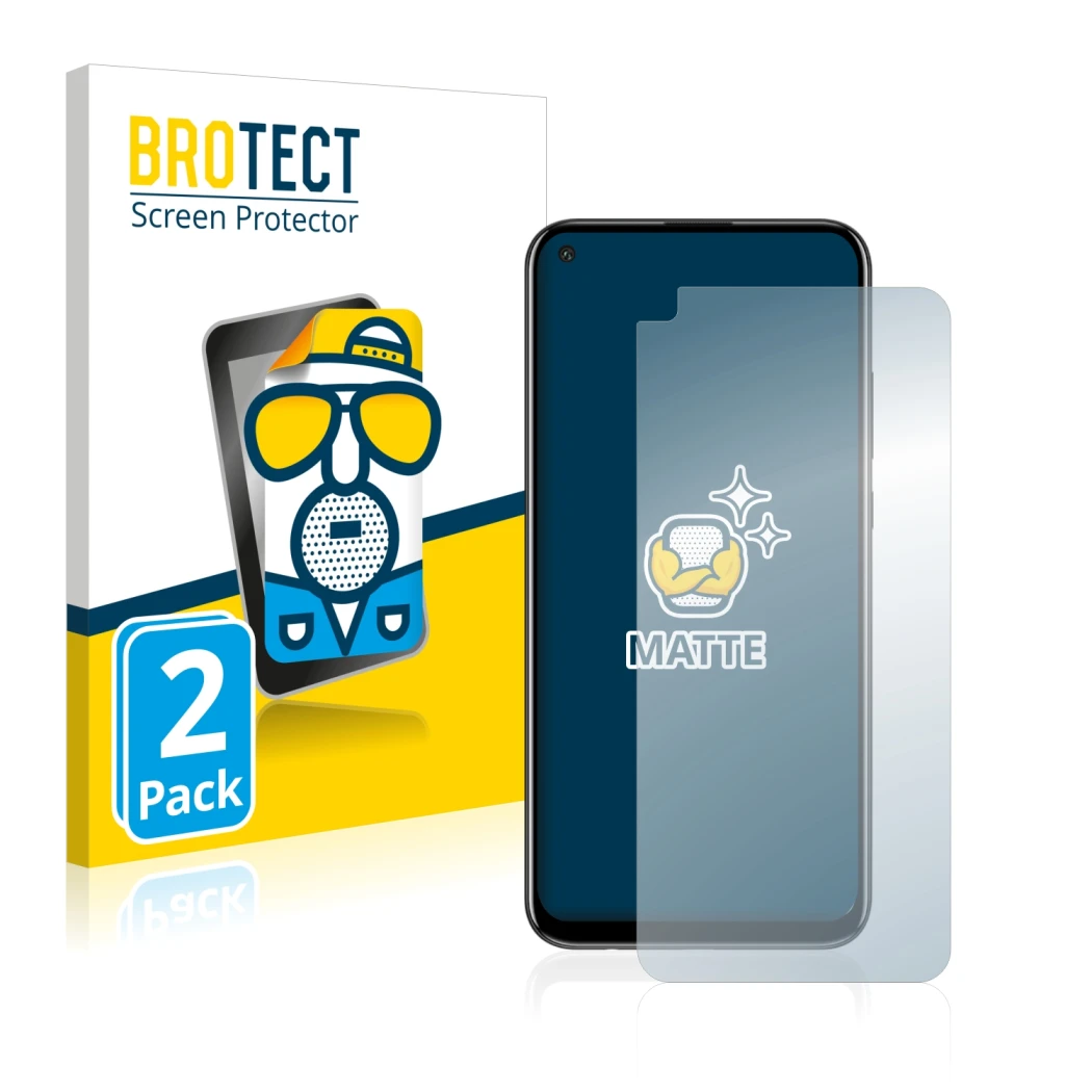 Front side of a product packaging with the brand logo BROTECT. Next to it is the device Huawei P40 Lite E shown with the corre