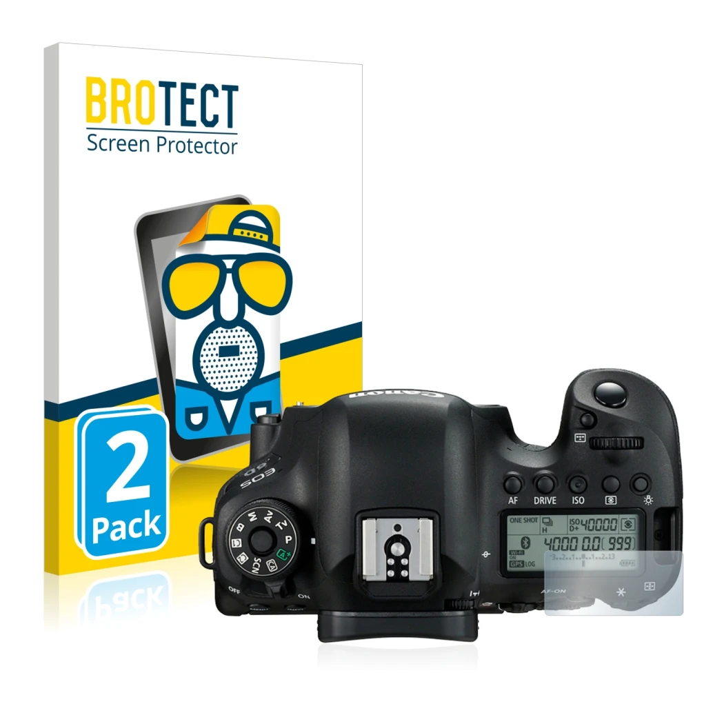 Front side of a product packaging with the brand logo BROTECT. Next to it is the device Canon EOS 6D (top plate display) shown