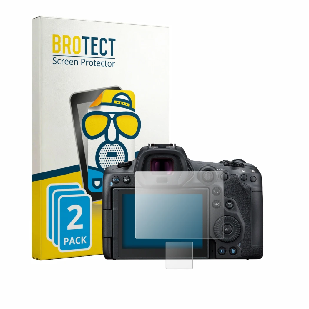 Front side of a product packaging with the brand logo BROTECT. Next to it is the device Canon EOS R5 shown with the correspond