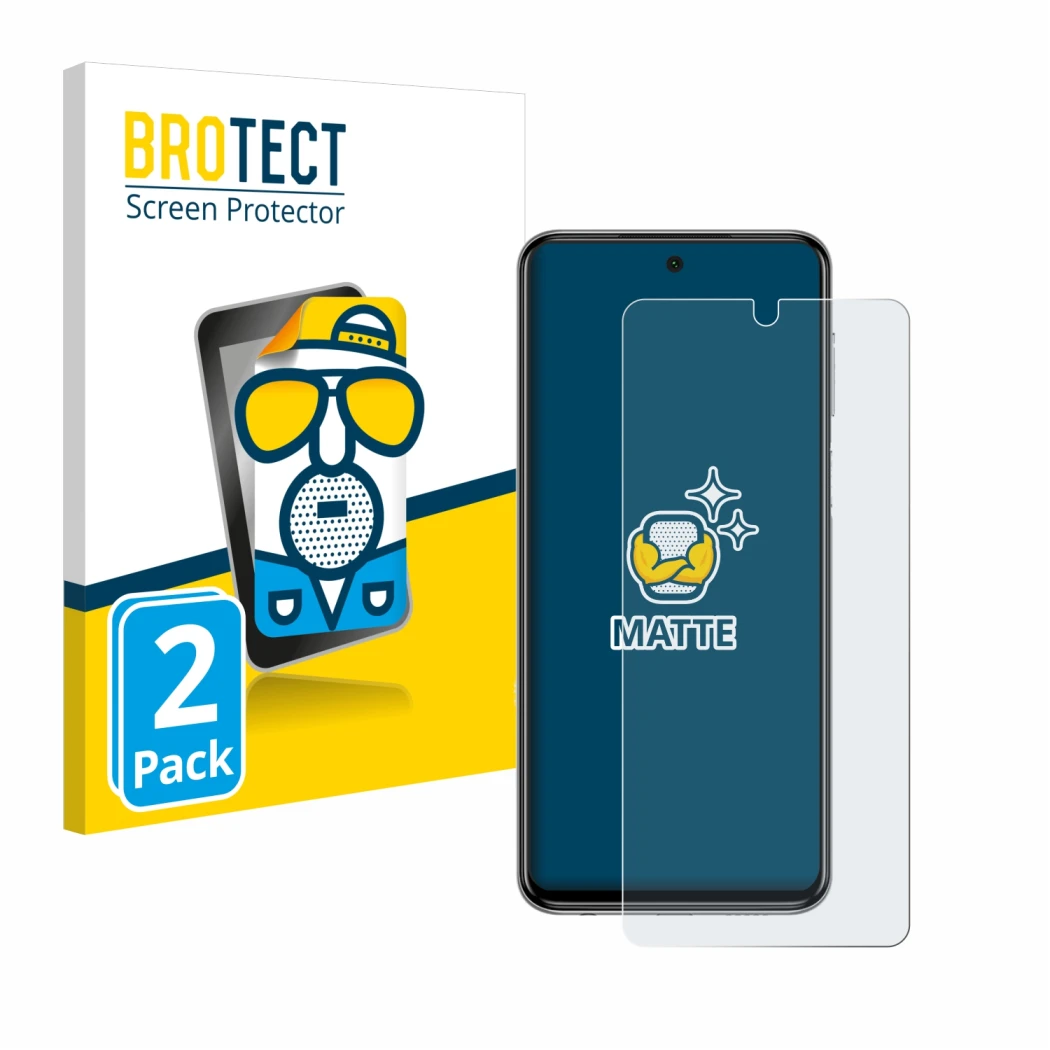 Front side of a product packaging with the brand logo BROTECT. Next to it is the device Xiaomi Redmi Note 9 Pro shown with the