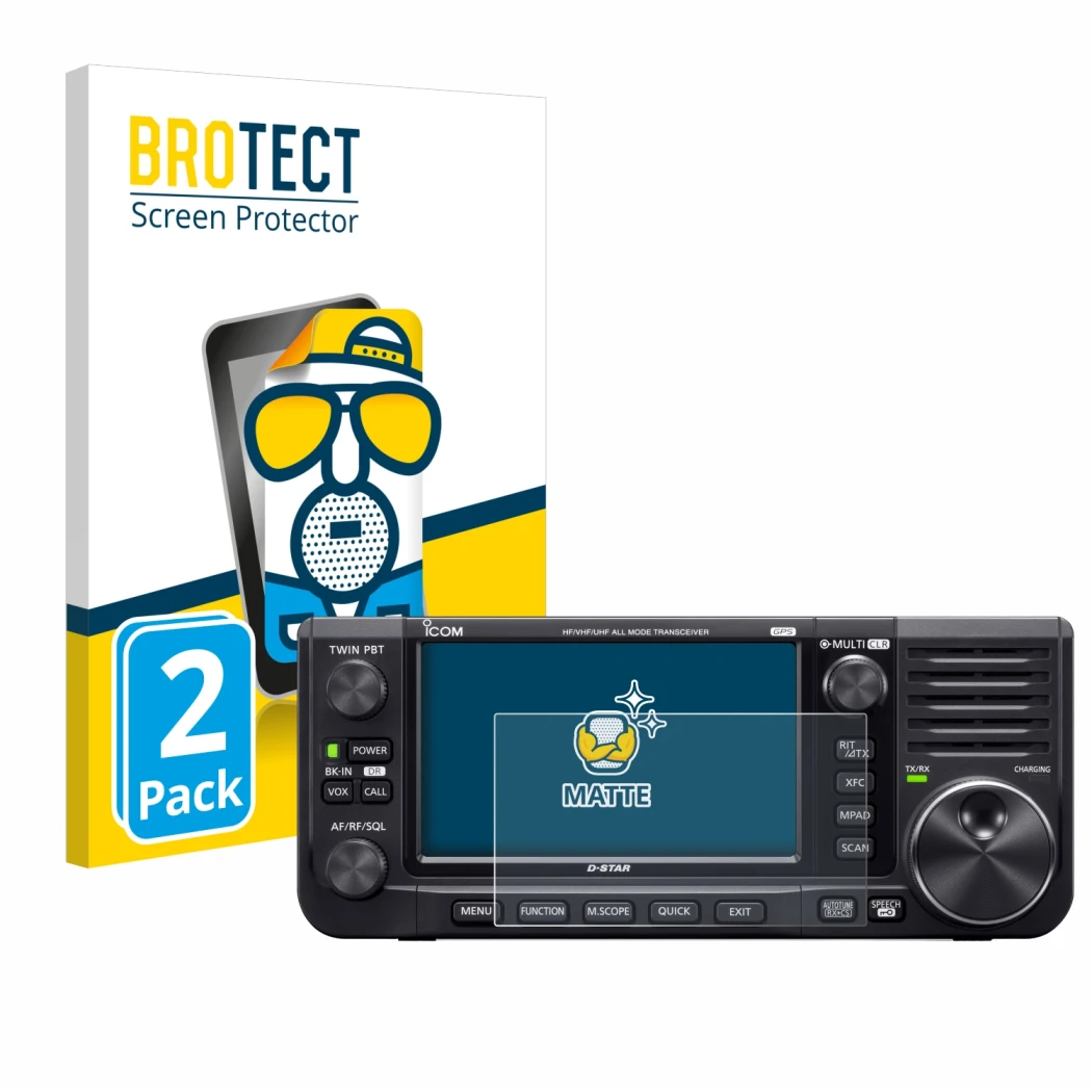 Front side of a product packaging with the brand logo BROTECT. Next to it is the device Icom IC-705 shown with the correspondi