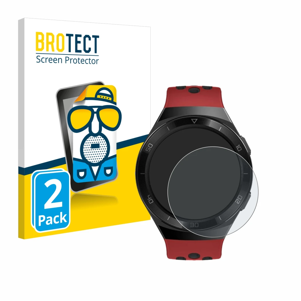 Front side of a product packaging with the brand logo BROTECT. Next to it is the device Huawei Watch GT 2e shown with the corr
