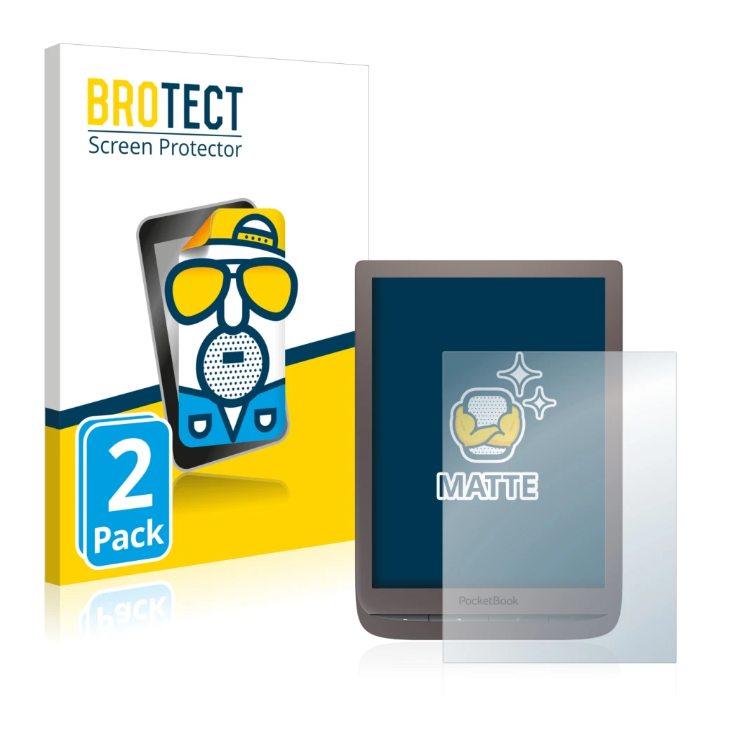 Front side of a product packaging with the brand logo BROTECT. Next to it is the device PocketBook InkPad 3 Pro shown with the