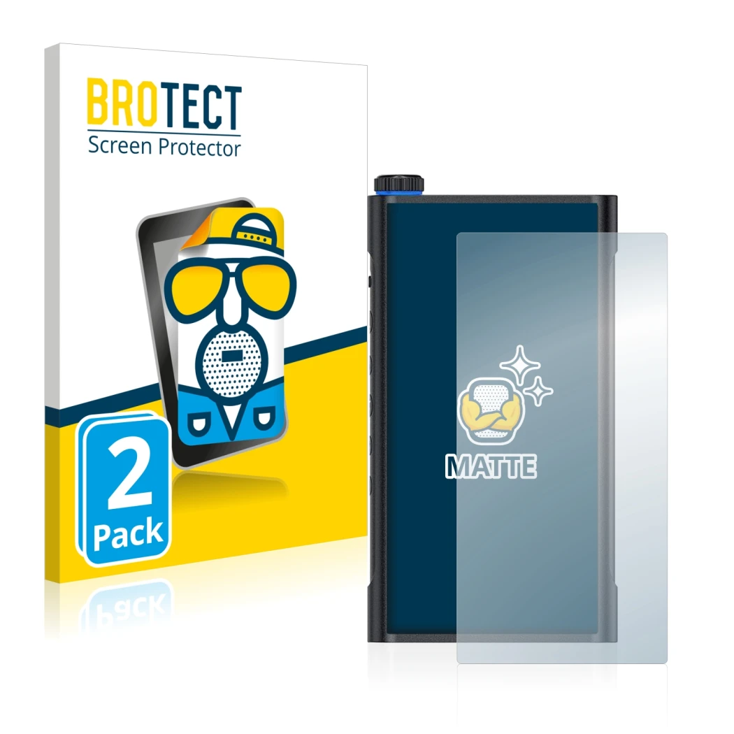 Front side of a product packaging with the brand logo BROTECT. Next to it is the device FiiO M15 shown with the corresponding 