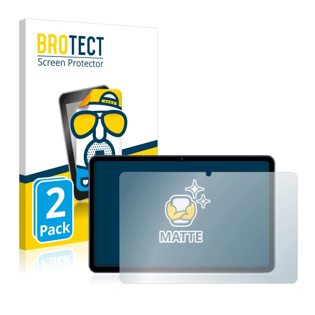 Front side of a product packaging with the brand logo BROTECT. Next to it is the device Huawei MatePad 10.4 shown with the cor
