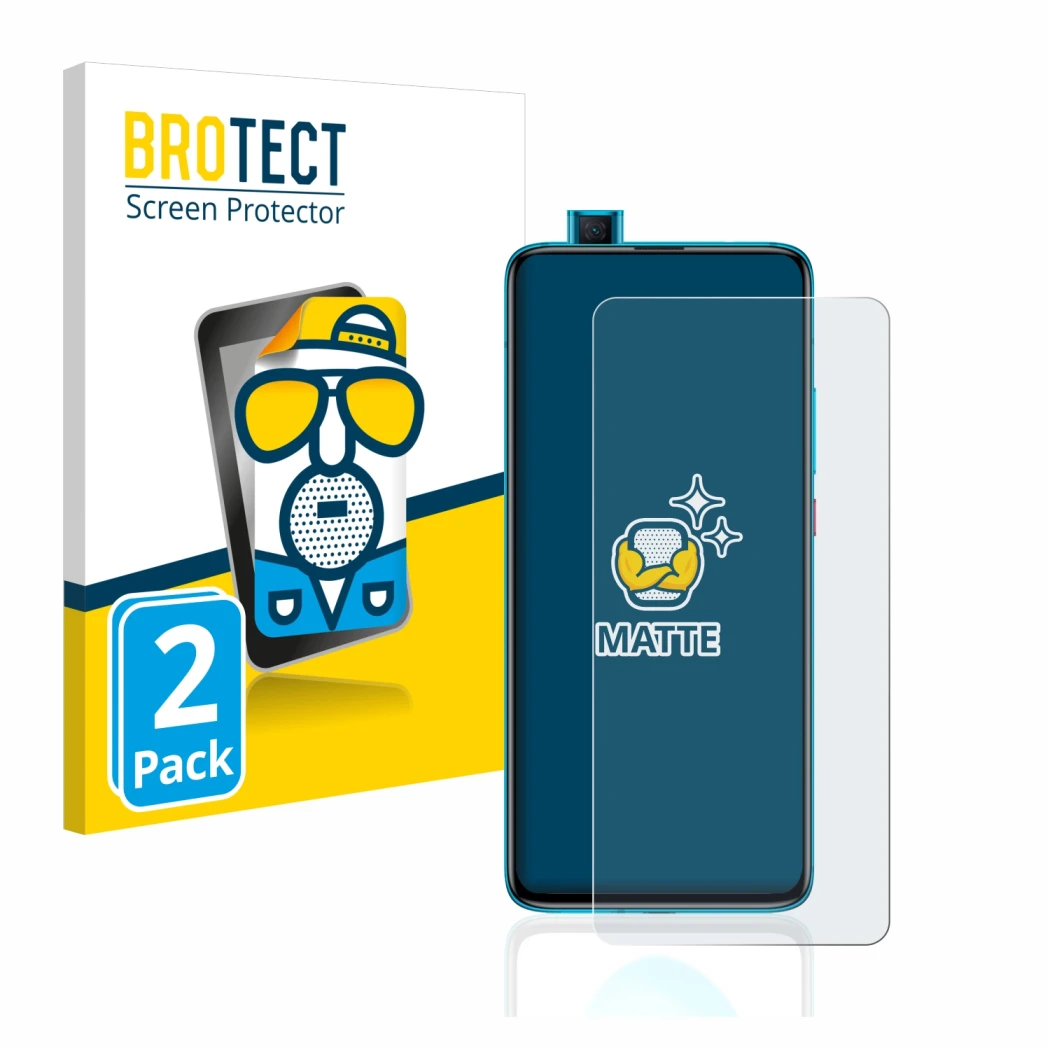 Front side of a product packaging with the brand logo BROTECT. Next to it is the device Xiaomi Poco F2 Pro shown with the corr