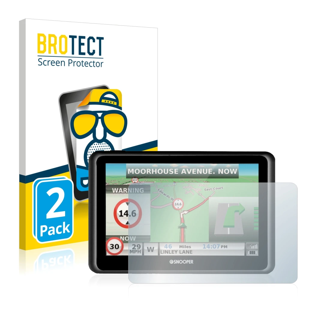 Front side of a product packaging with the brand logo BROTECT. Next to it is the device Snooper Truckmate S6900 shown with the