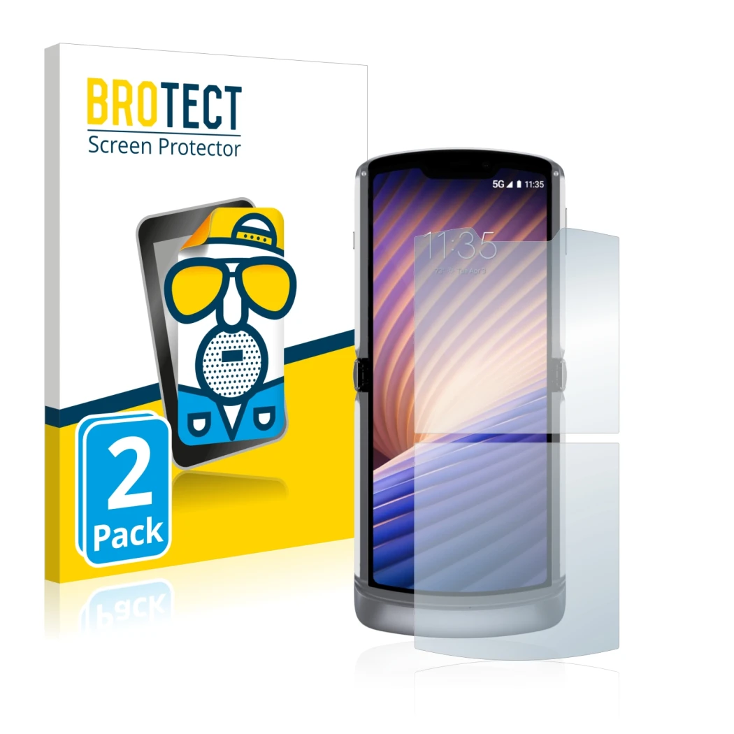 Front side of a product packaging with the brand logo BROTECT. Next to it is the device Motorola Razr 5G 2020 shown with the c