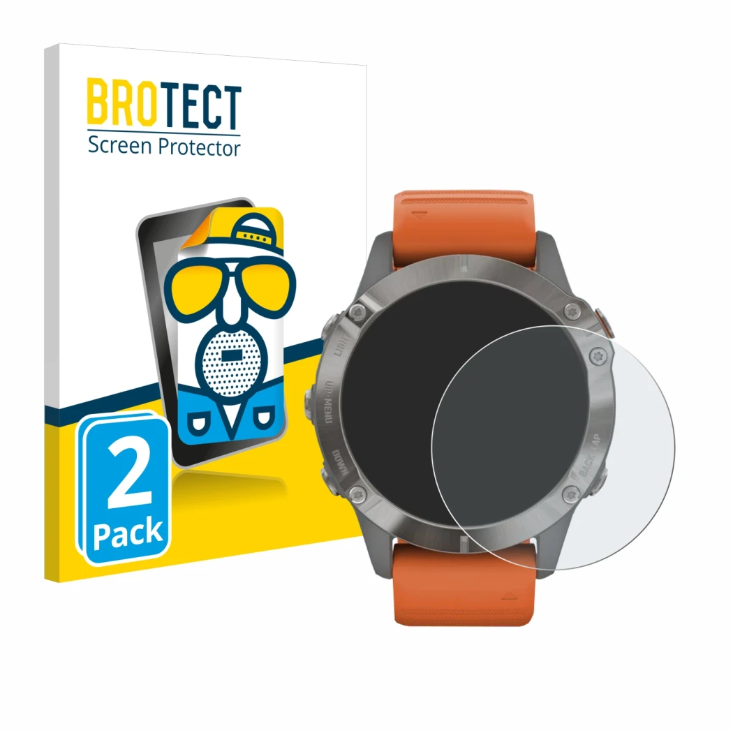 Front side of a product packaging with the brand logo BROTECT. Next to it is the device Garmin Fenix 6 Pro Solar shown with th