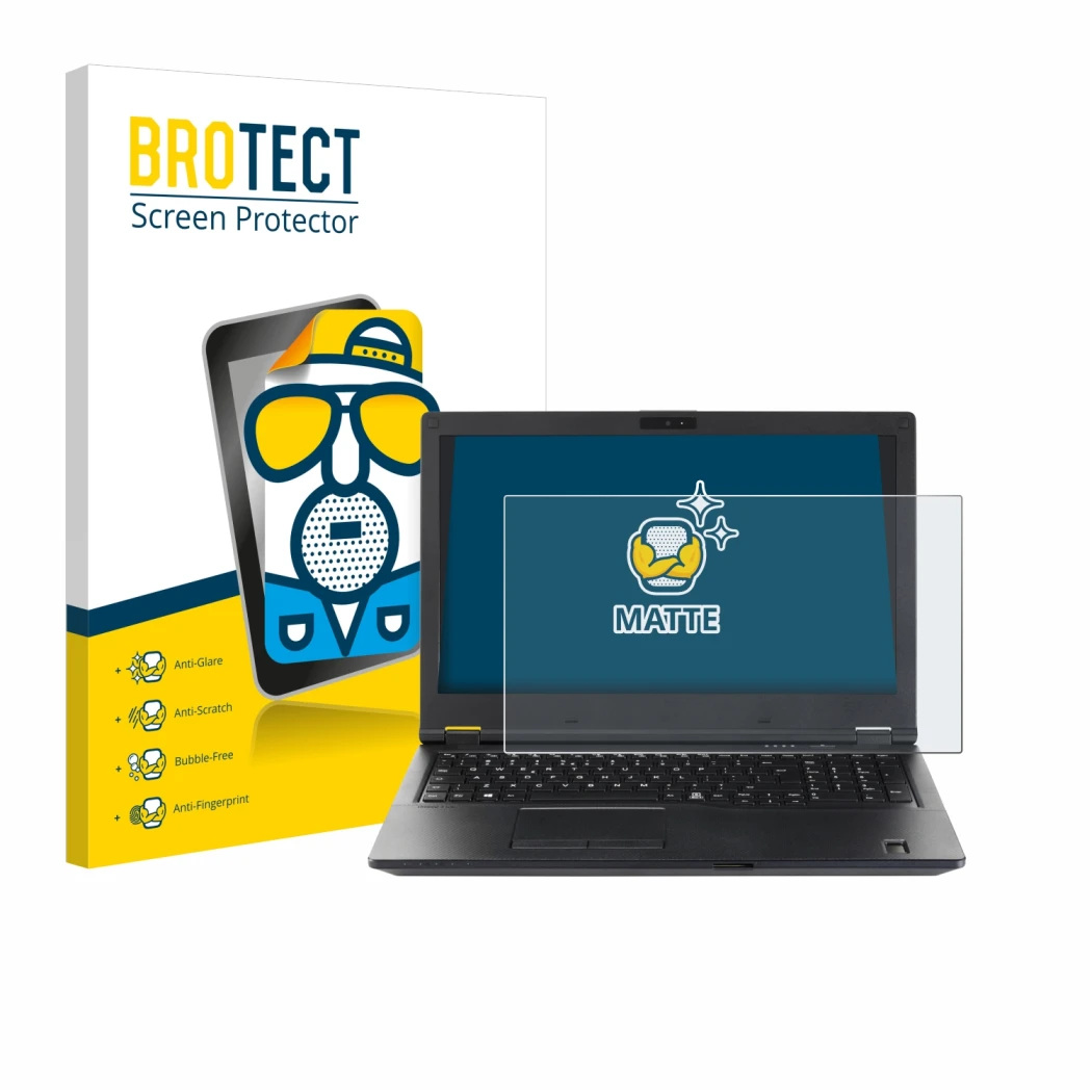 Front side of a product packaging with the brand logo BROTECT. Next to it is the device Fujitsu Lifebook E5510 shown with the