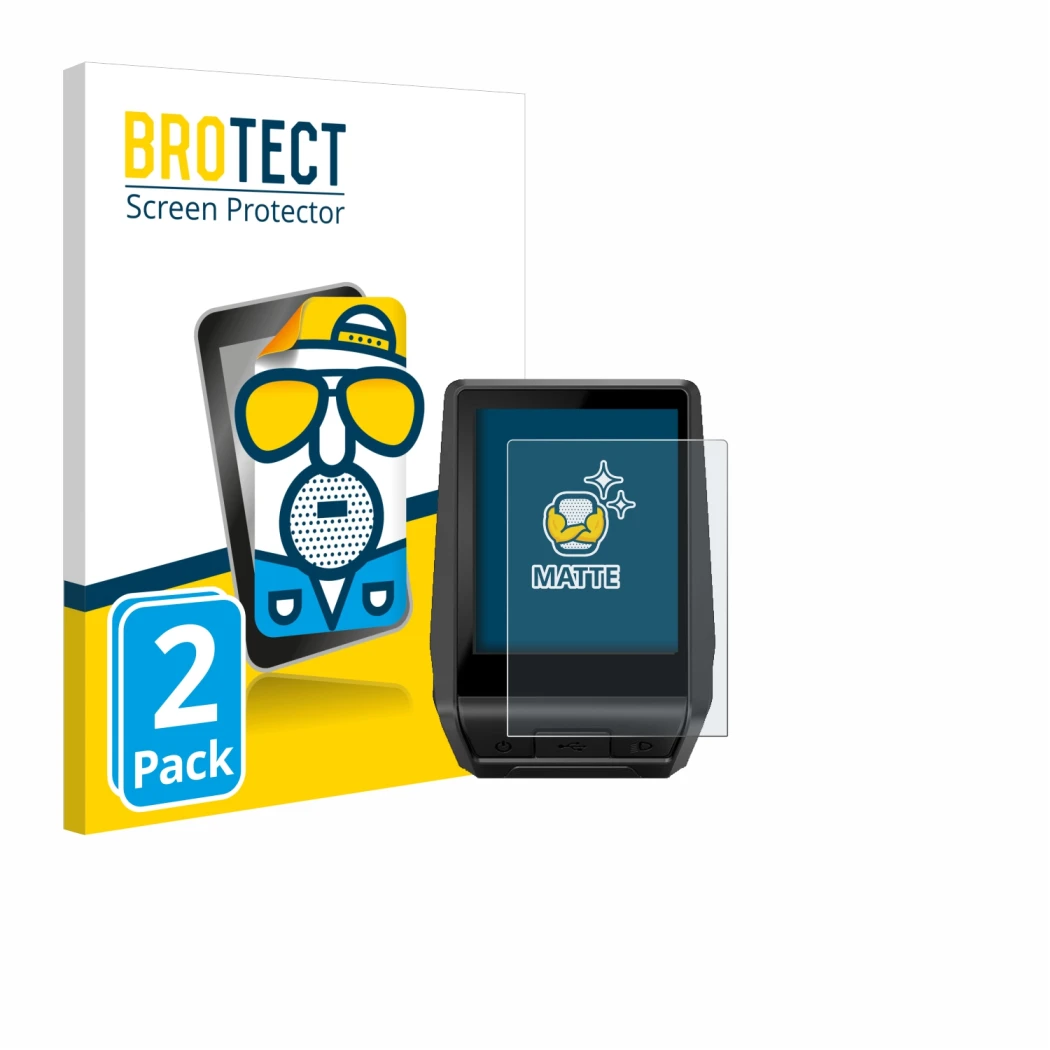 Front side of a product packaging with the brand logo BROTECT. Next to it is the device Bosch Nyon 2020 shown with the corresp
