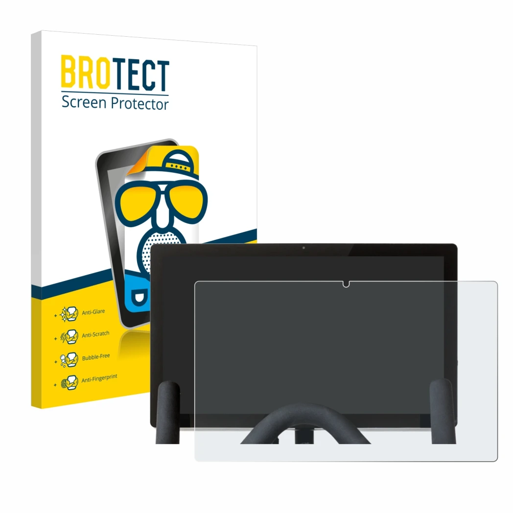 Front side of a product packaging with the brand logo BROTECT. Next to it is the device Peloton Bike shown with the correspond