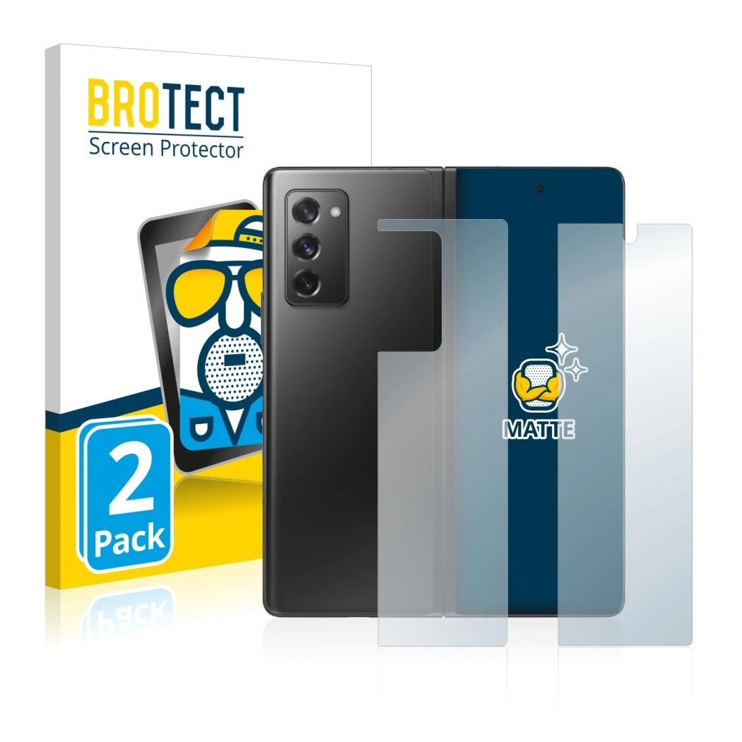Front side of a product packaging with the brand logo BROTECT. Next to it is the device Samsung Galaxy Z Fold 2 5G (Front+Back