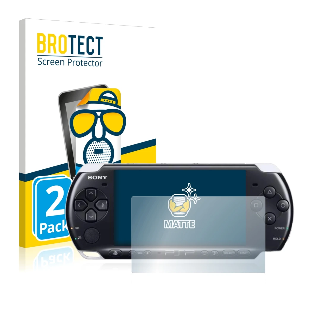 Front side of a product packaging with the brand logo BROTECT. Next to it is the device Sony PSP 3003 shown with the correspon