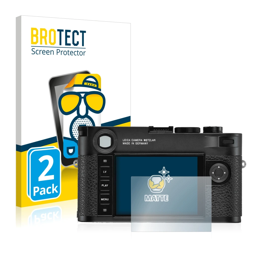 Front side of a product packaging with the brand logo BROTECT. Next to it is the device Leica M10-R shown with the correspondi