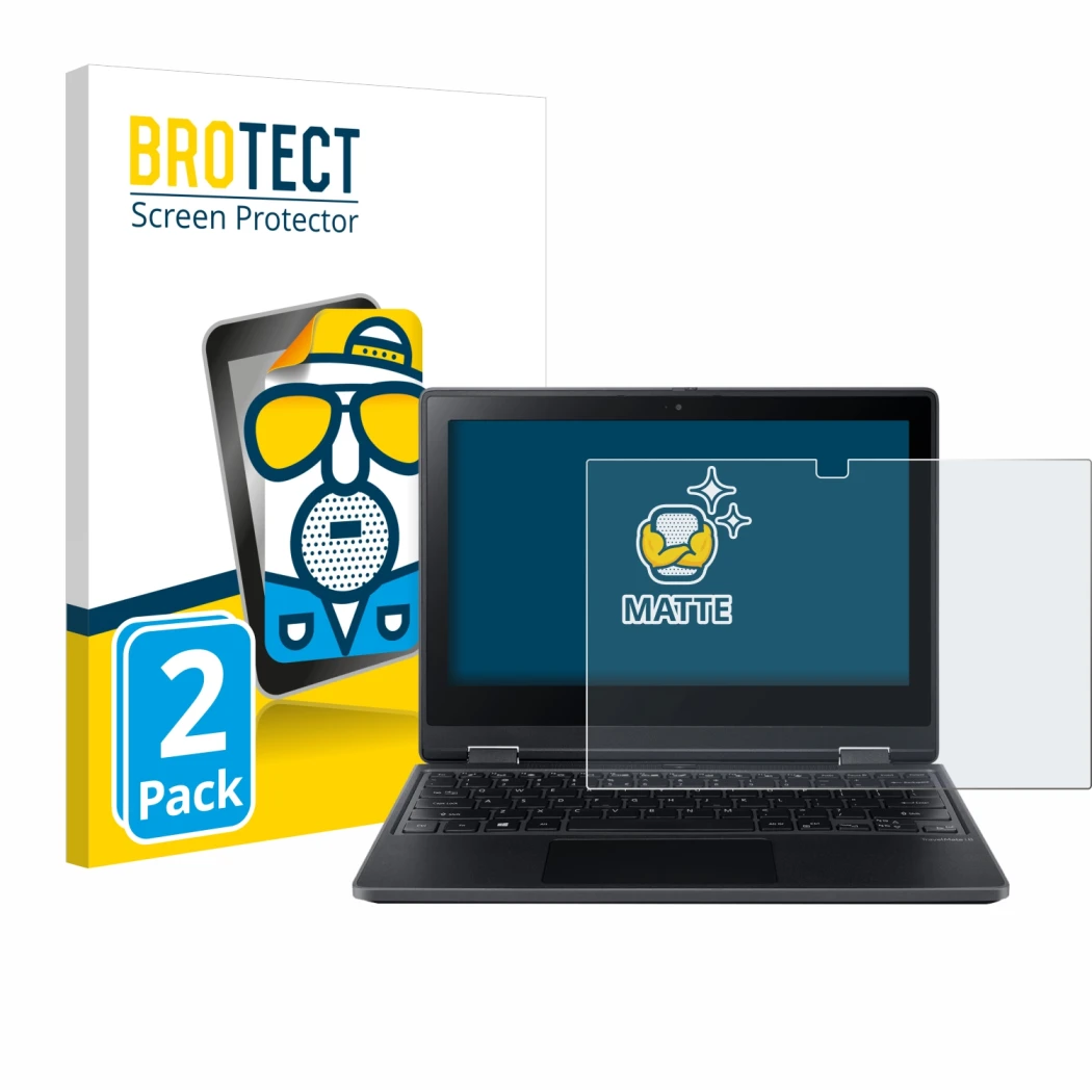 Front side of a product packaging with the brand logo BROTECT. Next to it is the device Acer TravelMate Spin B3 shown with the