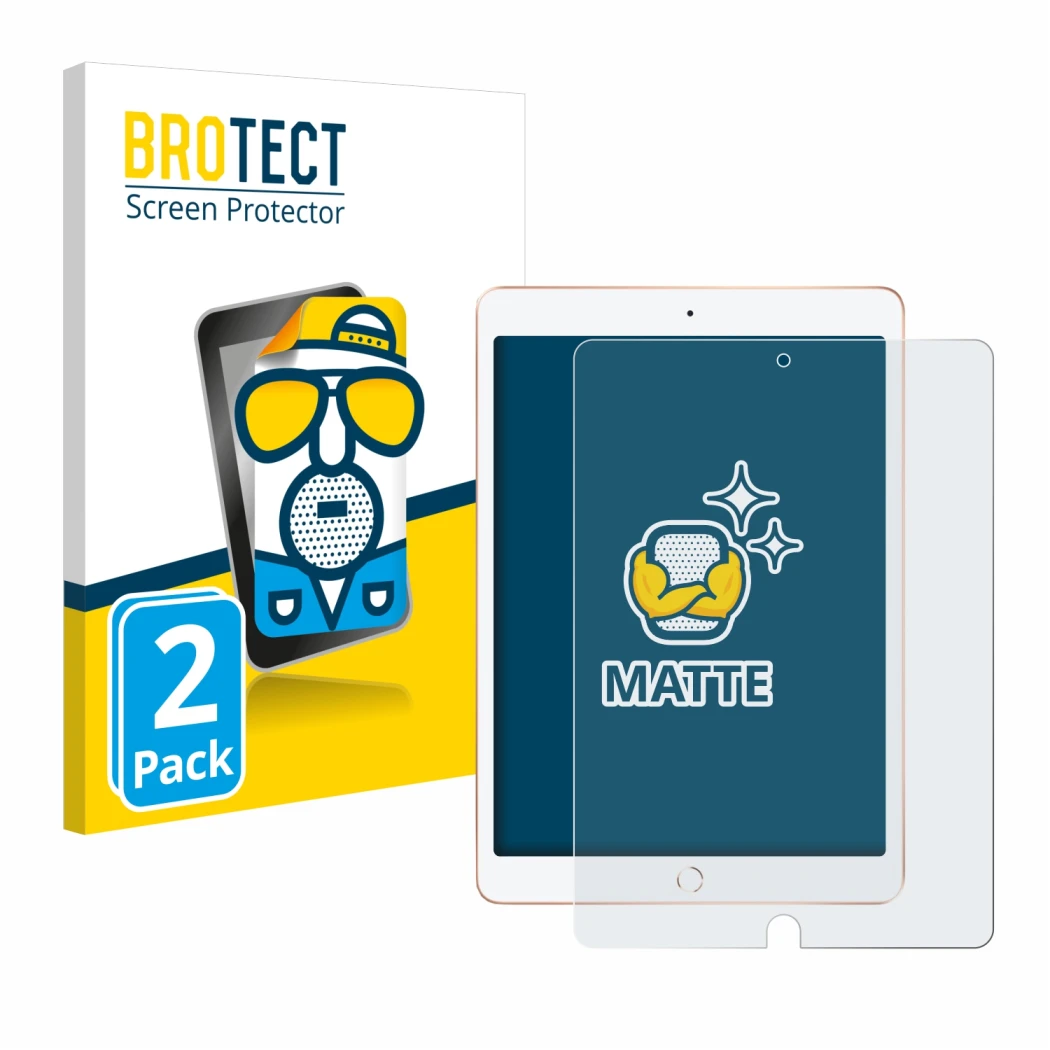 Front side of a product packaging with the brand logo BROTECT. Next to it is the device Apple iPad 10.2