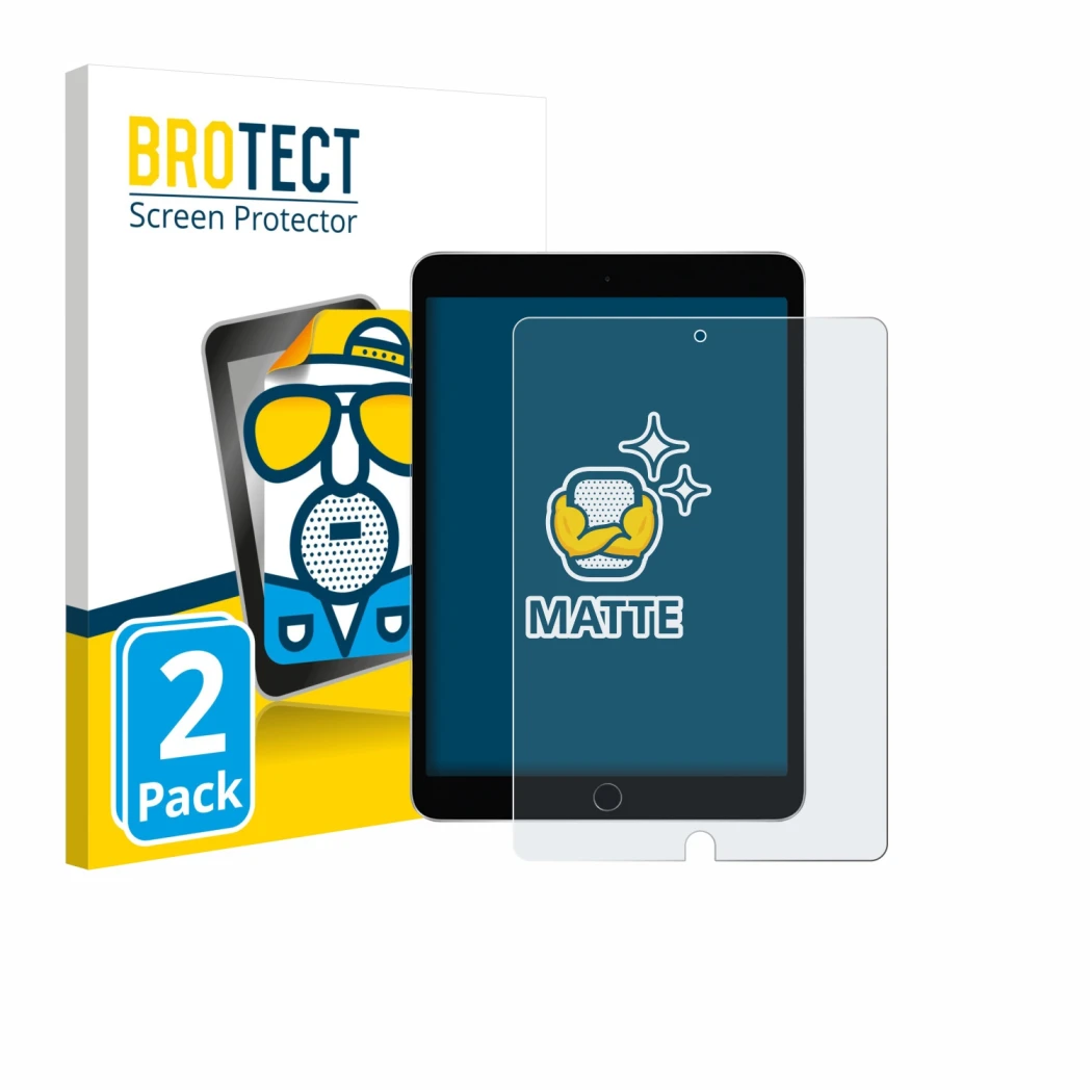 Front side of a product packaging with the brand logo BROTECT. Next to it is the device Apple iPad 10.2