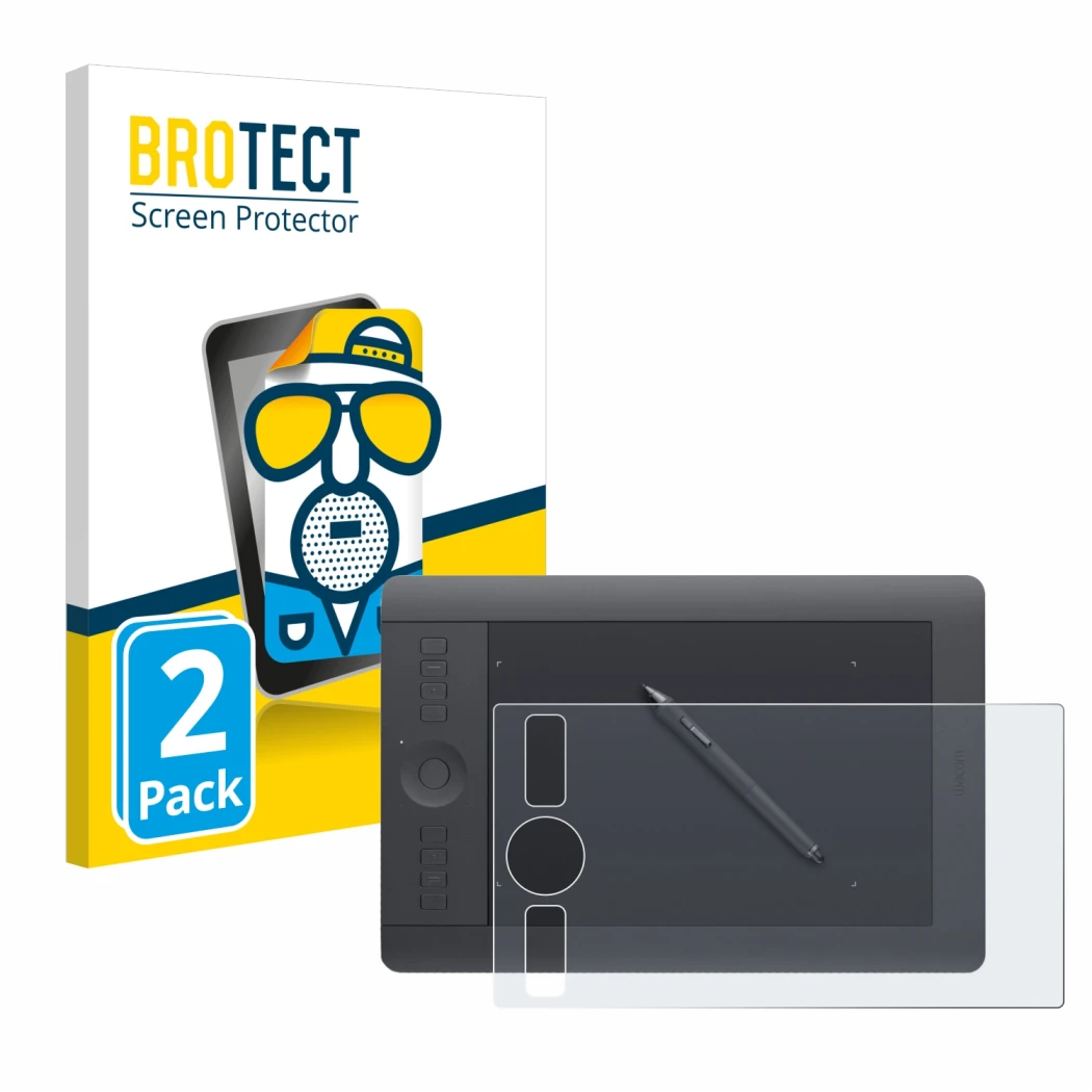 Front side of a product packaging with the brand logo BROTECT. Next to it is the device Wacom Intuos Pro S PTH-460 shown with