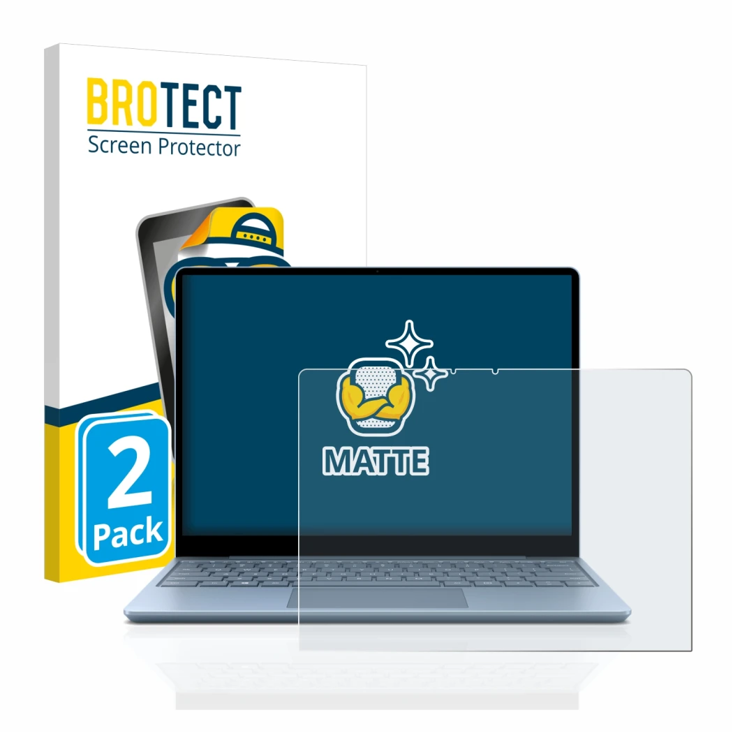 Front side of a product packaging with the brand logo BROTECT. Next to it is the device Microsoft Surface Laptop Go shown with