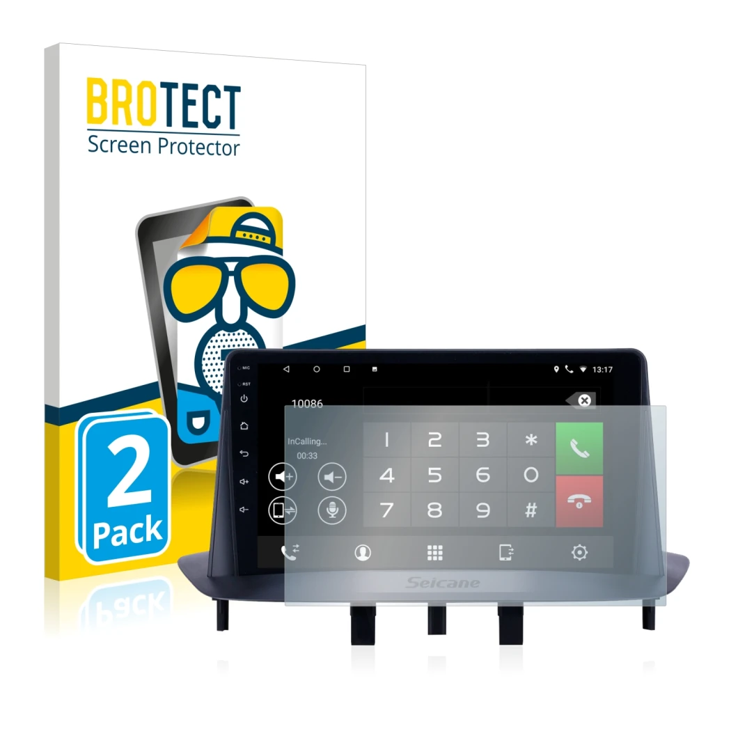 Front side of a product packaging with the brand logo BROTECT. Next to it is the device Pioneer AVH-Z5200DAB shown with the co