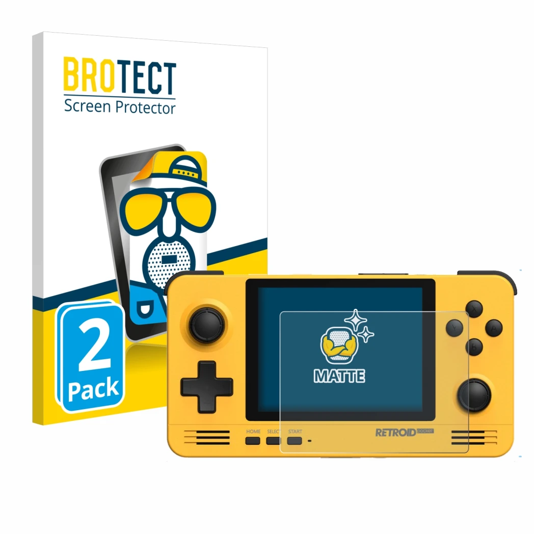 Front side of a product packaging with the brand logo BROTECT. Next to it is the device Retroid Pocket 2 shown with the corres