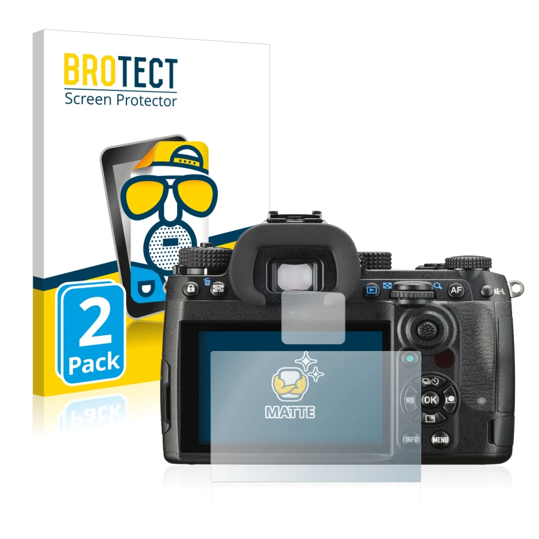 Front side of a product packaging with the brand logo BROTECT. Next to it is the device Pentax K-3 Mark III shown with the cor